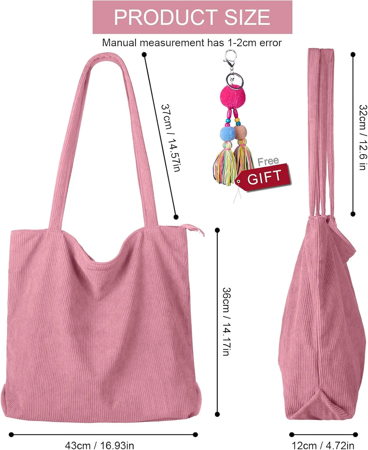 FITDON Corduroy Totes Bag with Zip, Shoulder Bags Handbags Women's Hobos Large Capacity Shopping Bag with Inner Pocket