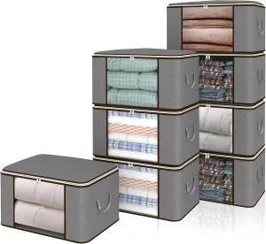 Fixwal 90L Large Storage Bags, 8 Pack Clothes Storage Containers Closet Organizer Foldable Storage Bins with Lids Reinforced Handle for Blankets, Comforters, Bedding, Clothing, Gray