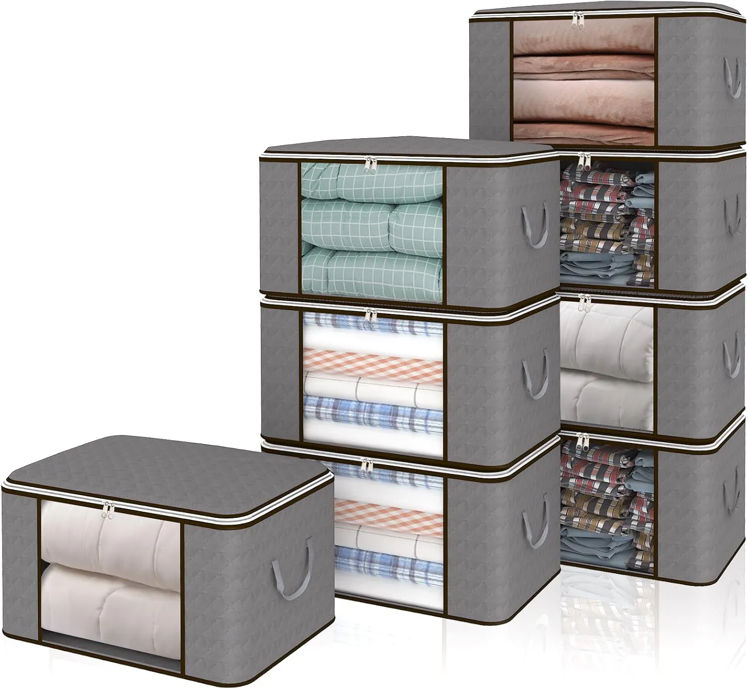 Fixwal 90L Large Storage Bags, 8 Pack Clothes Storage Containers Closet Organizer Foldable Storage Bins with Lids Reinforced Handle for Blankets, Comforters, Bedding, Clothing, Gray
