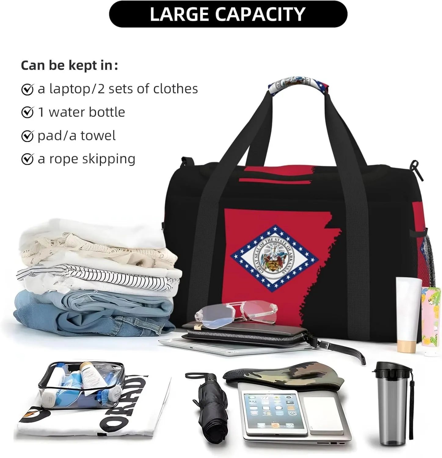 Flag Map Of Arkansas Travel Duffel Bag Large Foldable Waterproof Overnight Bag For Beach Swim Bags Pool Sports Gym