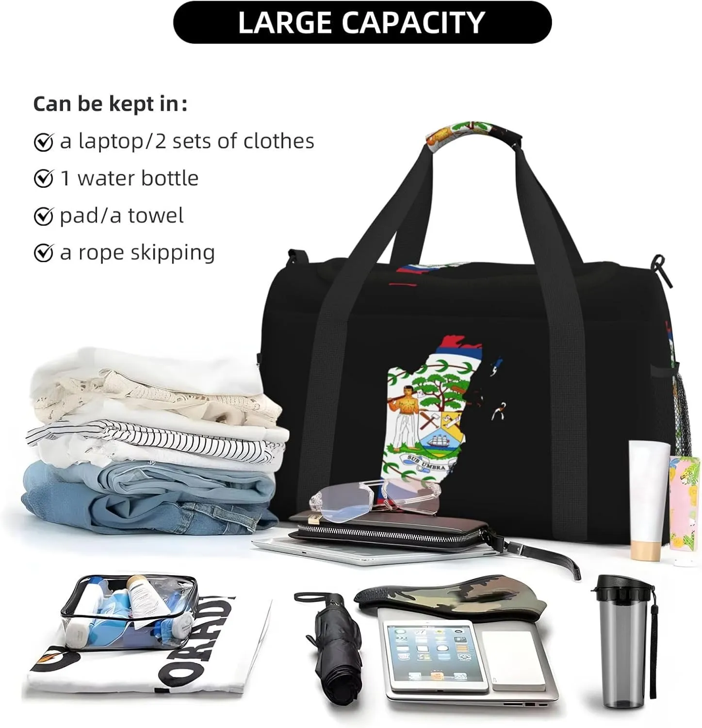 Flag Map Of Belize Travel Duffel Bag Large Foldable Waterproof Overnight Bag For Beach Swim Bags Pool Sports Gym