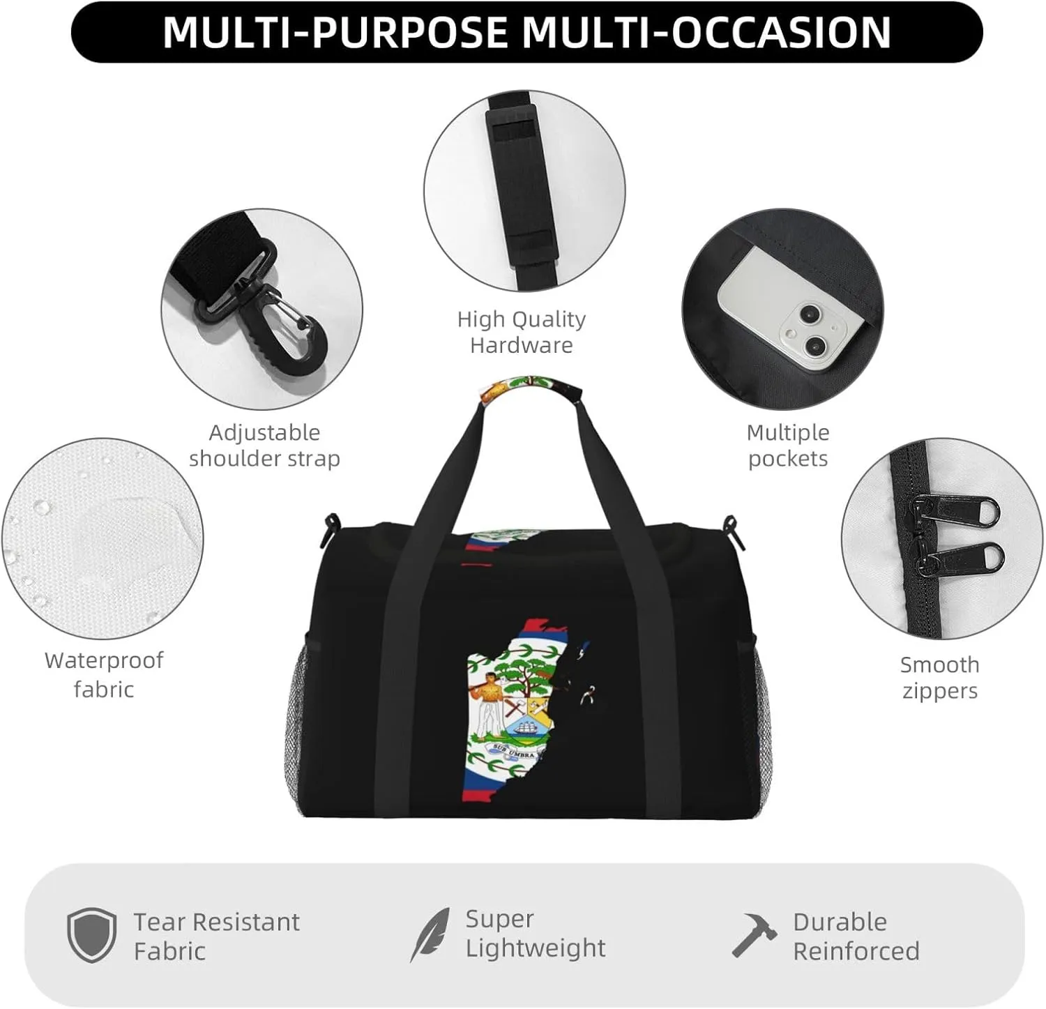 Flag Map Of Belize Travel Duffel Bag Large Foldable Waterproof Overnight Bag For Beach Swim Bags Pool Sports Gym