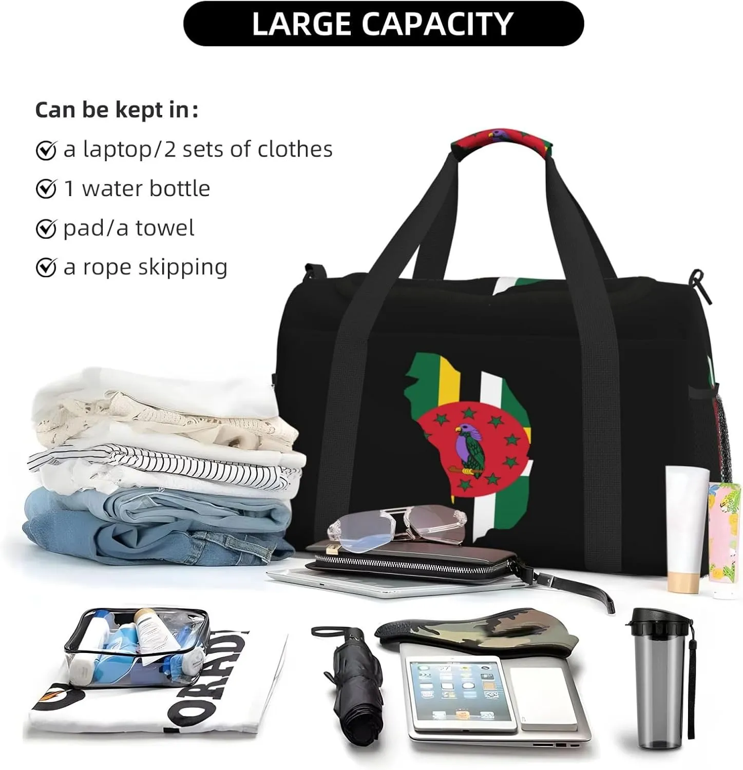 Flag Map Of Dominica Travel Duffel Bag Large Foldable Waterproof Overnight Bag For Beach Swim Bags Pool Sports Gym