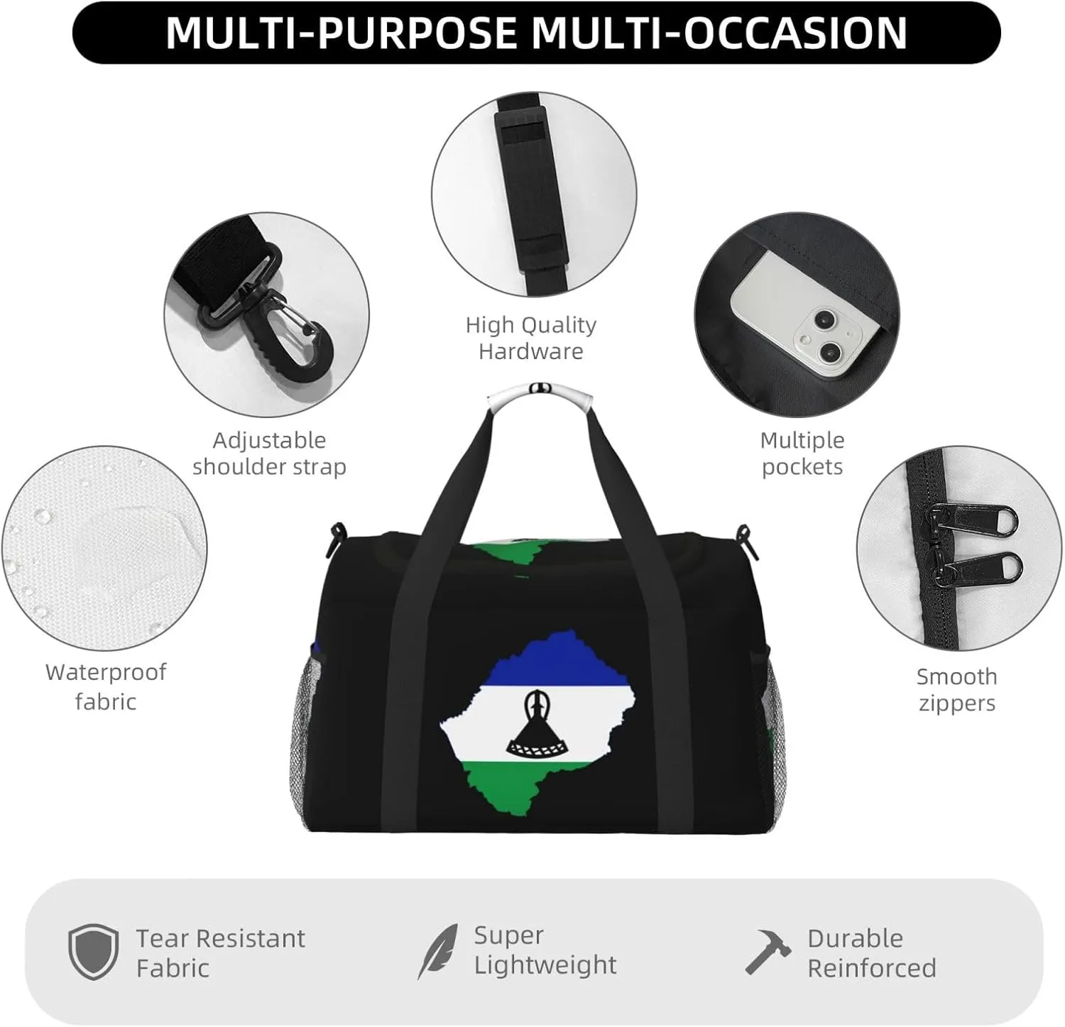 Flag Map Of Lesotho Travel Duffel Bag Large Foldable Waterproof Overnight Bag For Beach Swim Bags Pool Sports Gym