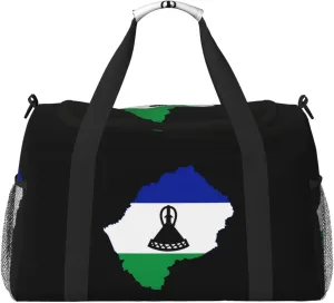 Flag Map Of Lesotho Travel Duffel Bag Large Foldable Waterproof Overnight Bag For Beach Swim Bags Pool Sports Gym