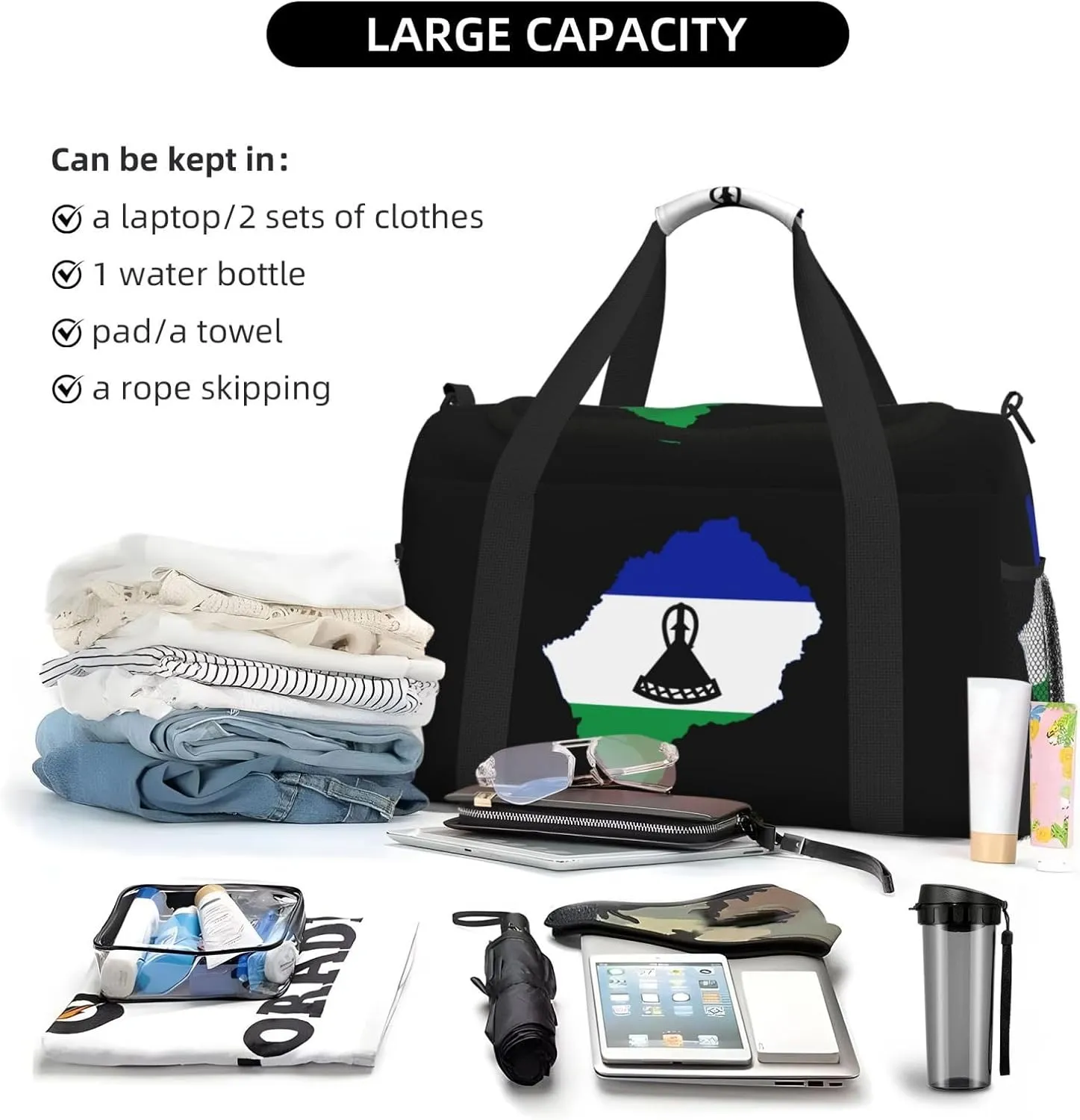 Flag Map Of Lesotho Travel Duffel Bag Large Foldable Waterproof Overnight Bag For Beach Swim Bags Pool Sports Gym