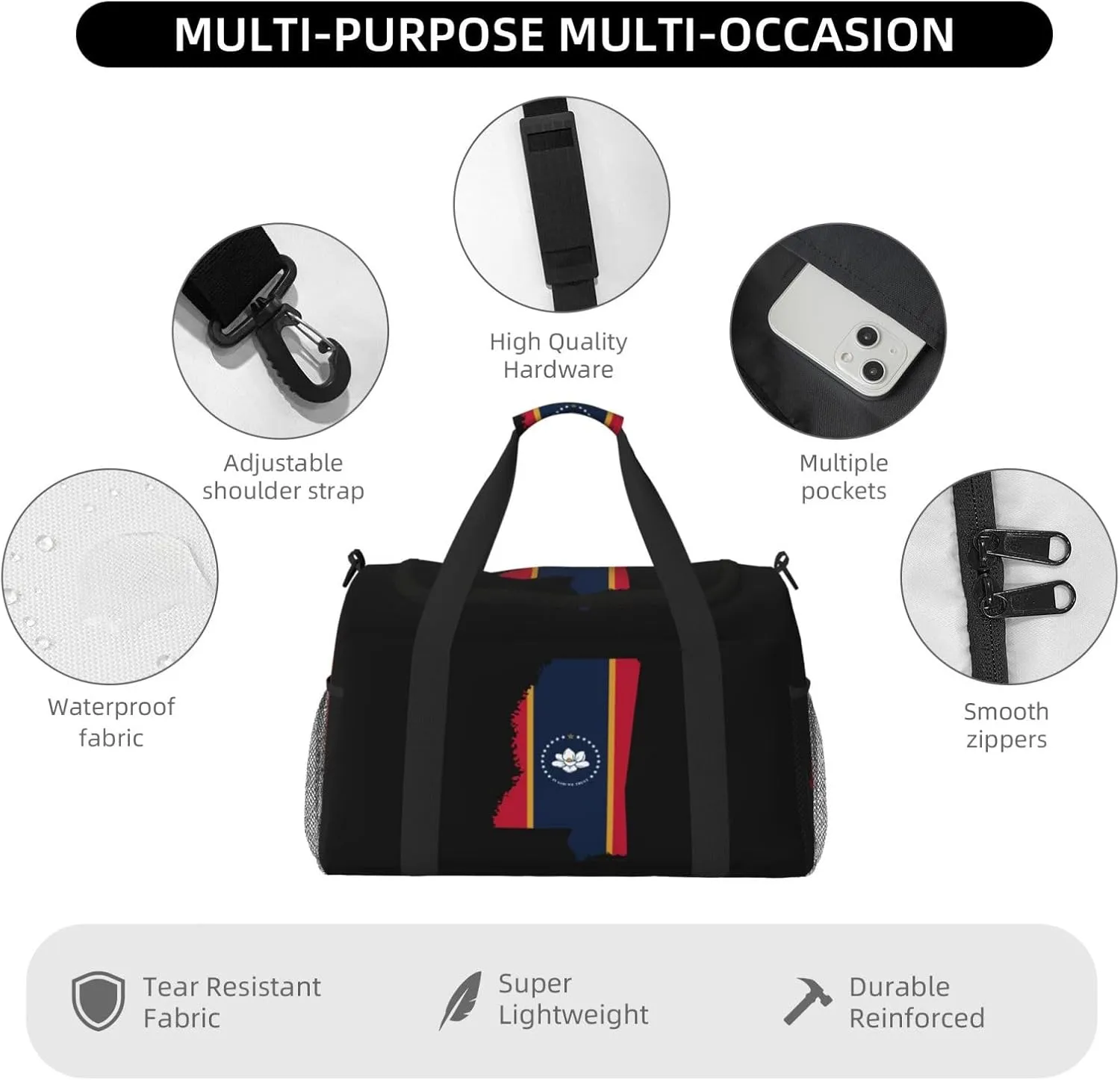 Flag Map Of Mississippi Travel Duffel Bag Large Foldable Waterproof Overnight Bag For Beach Swim Bags Pool Sports Gym