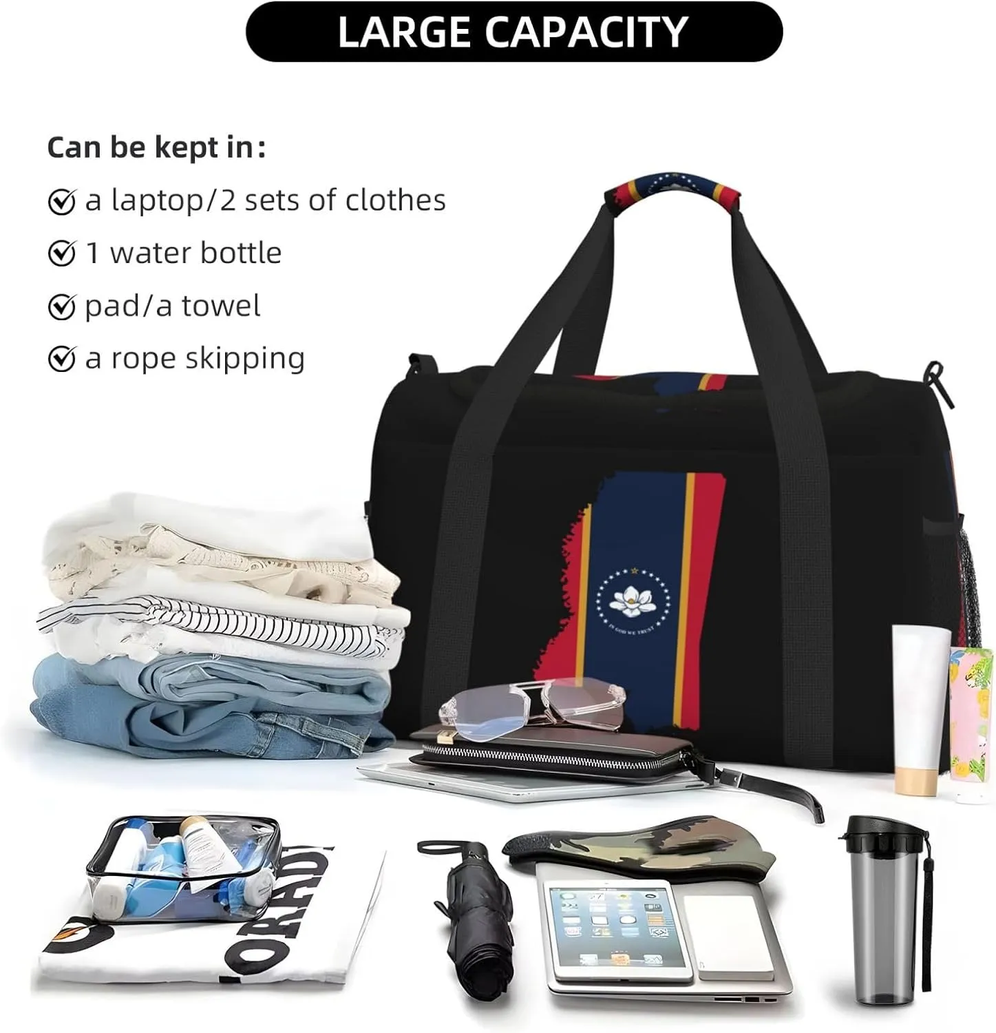 Flag Map Of Mississippi Travel Duffel Bag Large Foldable Waterproof Overnight Bag For Beach Swim Bags Pool Sports Gym