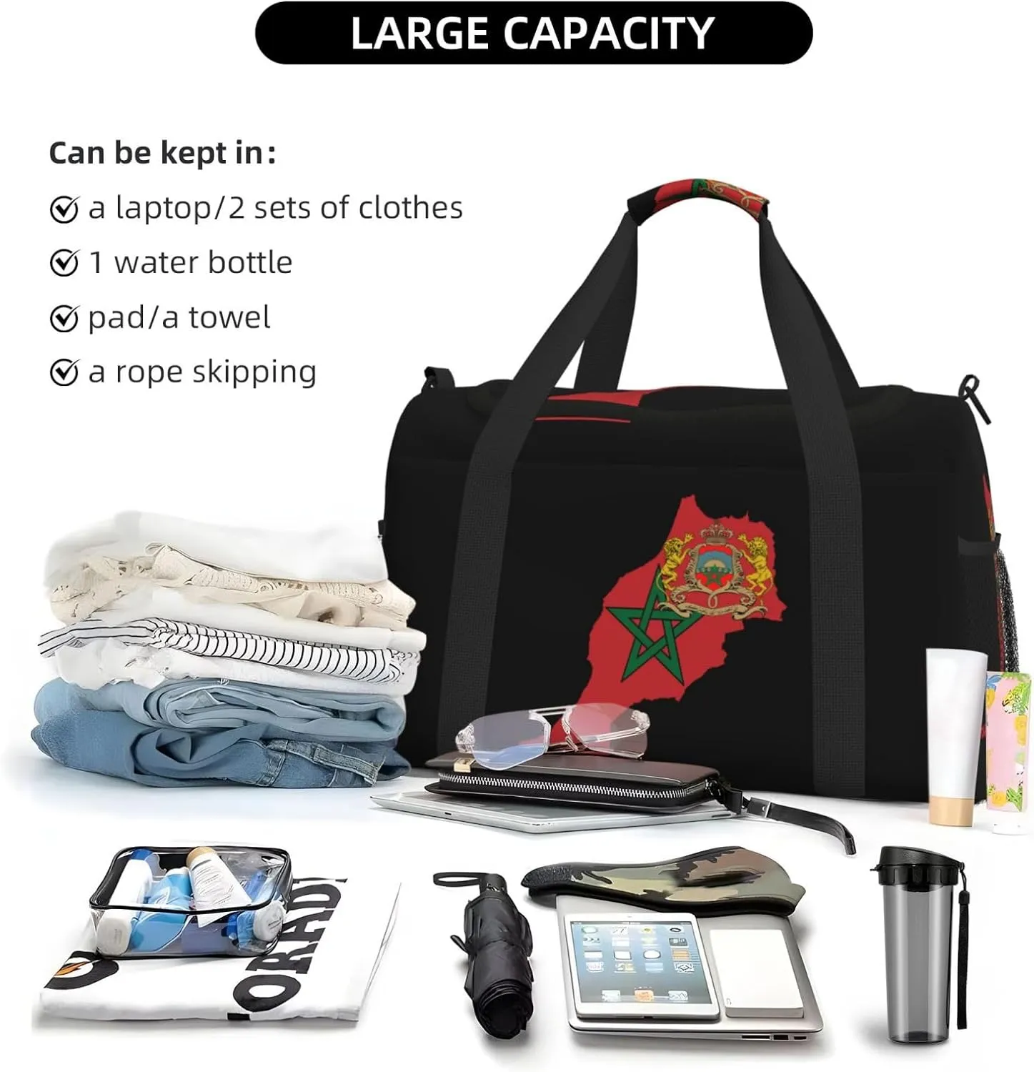 Flag Map Of Morocco Travel Duffel Bag Large Foldable Waterproof Overnight Bag For Beach Swim Bags Pool Sports Gym