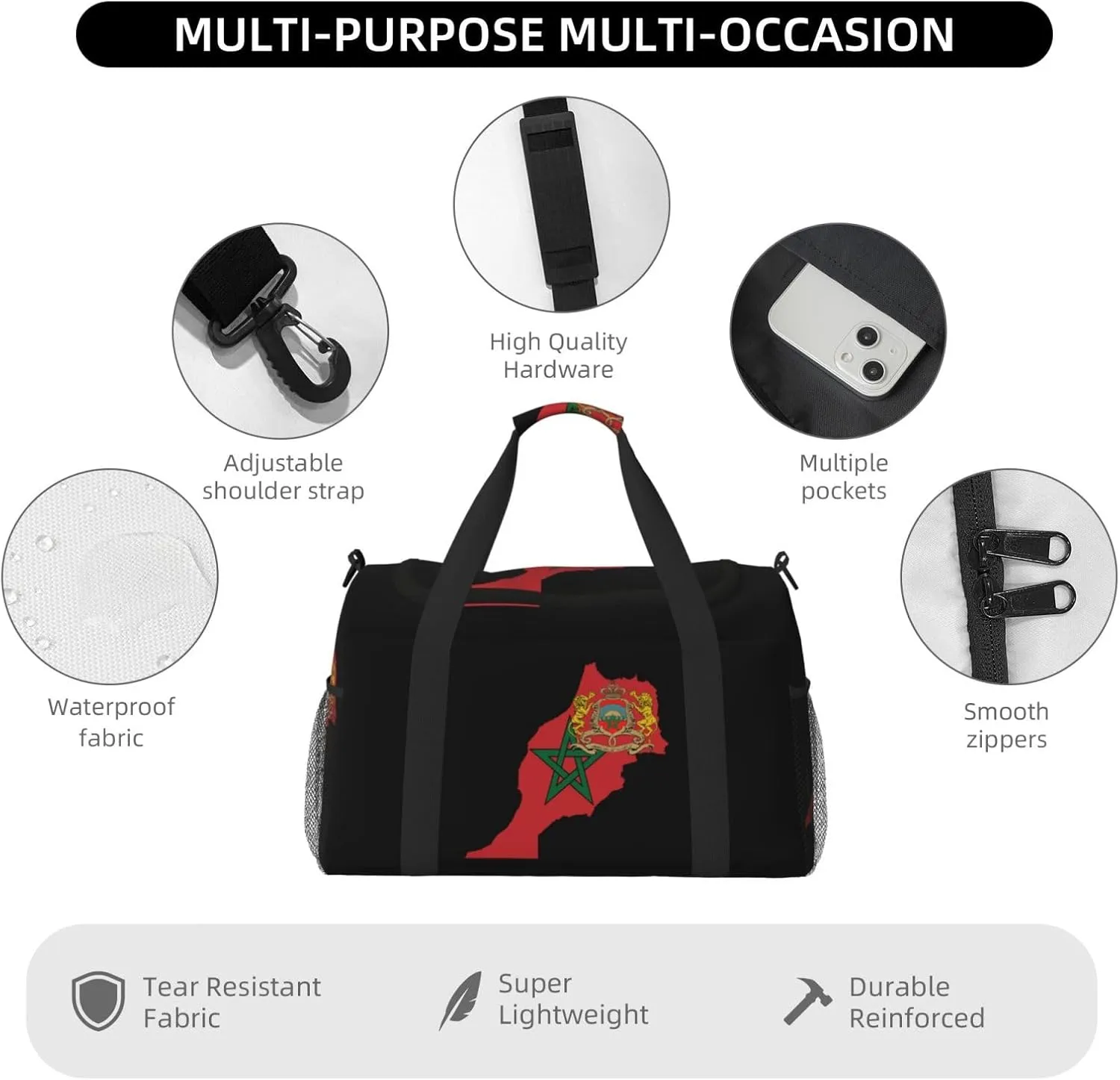 Flag Map Of Morocco Travel Duffel Bag Large Foldable Waterproof Overnight Bag For Beach Swim Bags Pool Sports Gym