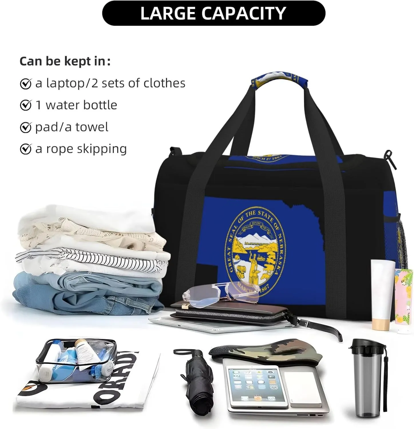 Flag Map Of Nebraska Travel Duffel Bag Large Foldable Waterproof Overnight Bag For Beach Swim Bags Pool Sports Gym