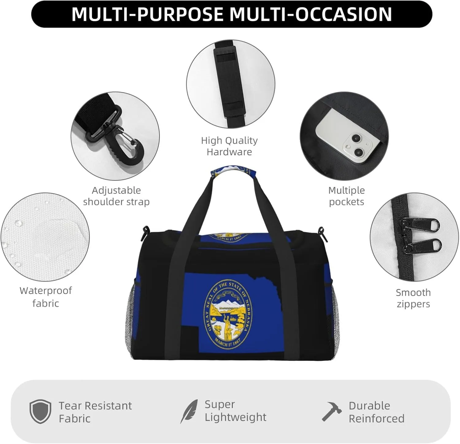 Flag Map Of Nebraska Travel Duffel Bag Large Foldable Waterproof Overnight Bag For Beach Swim Bags Pool Sports Gym