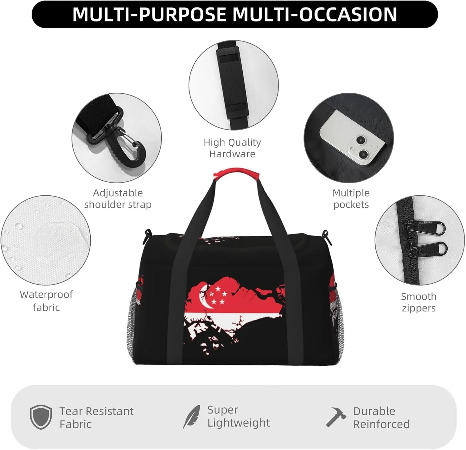 Flag Map Of Singapore Travel Duffel Bag Large Foldable Waterproof Overnight Bag For Beach Swim Bags Pool Sports Gym