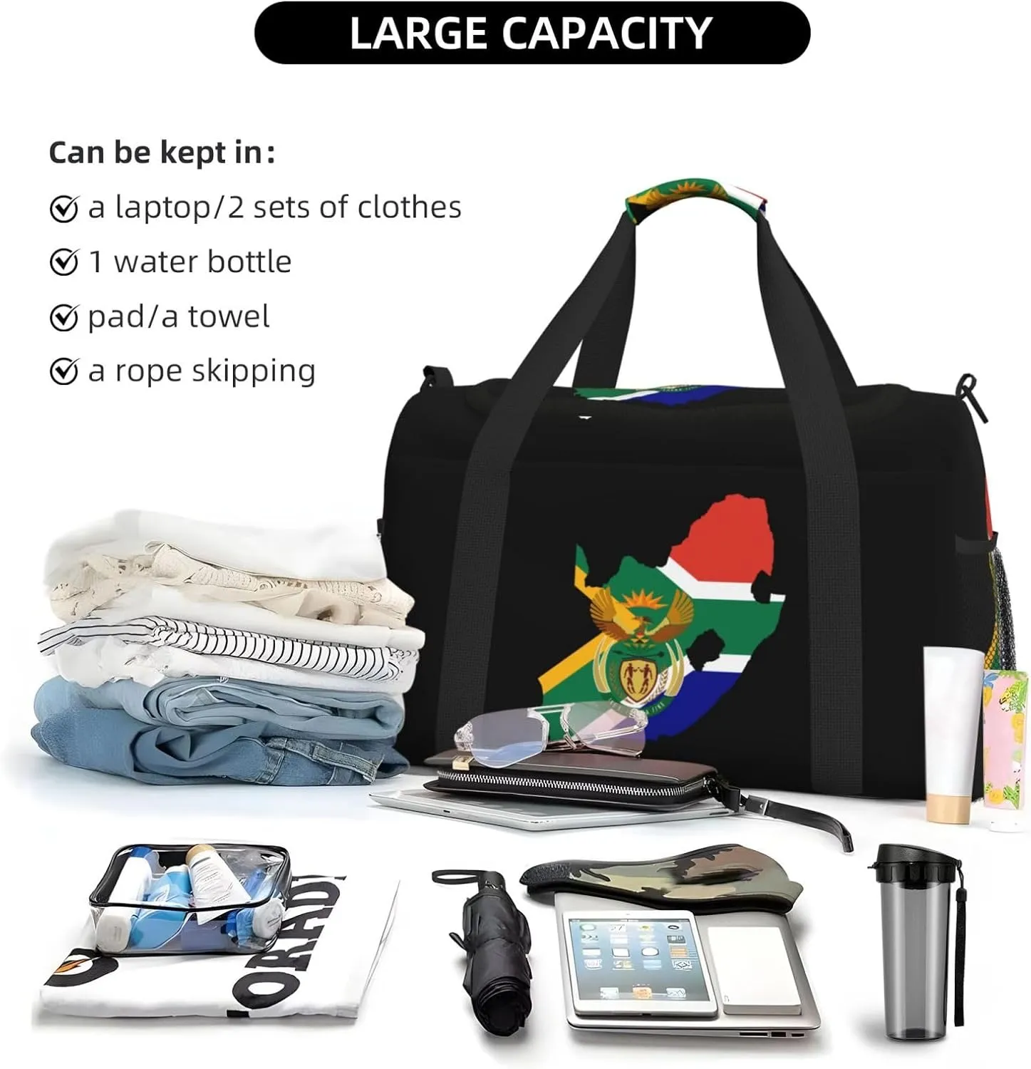 Flag Map Of South Africa Travel Duffel Bag Large Foldable Waterproof Overnight Bag For Beach Swim Bags Pool Sports Gym