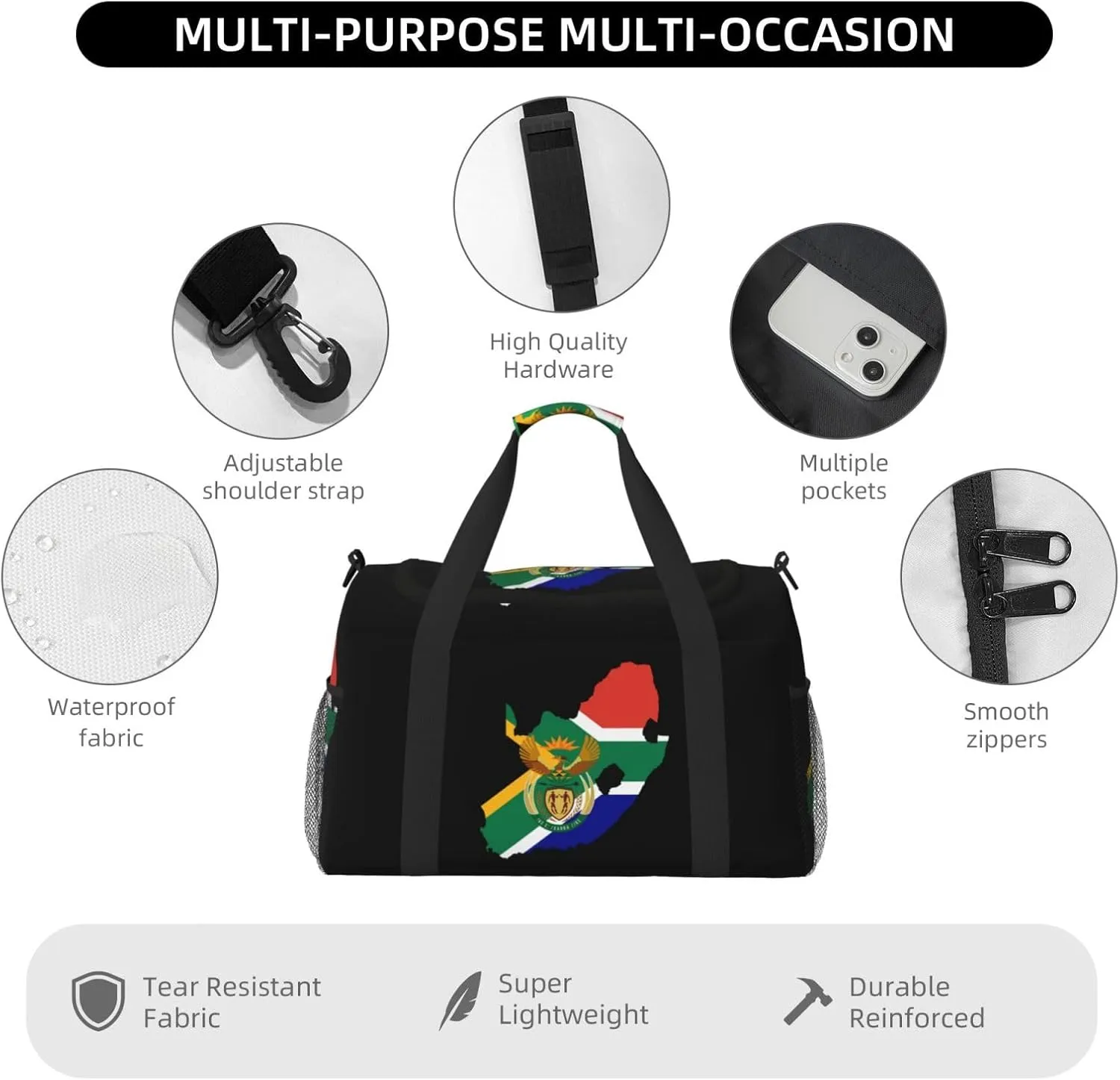 Flag Map Of South Africa Travel Duffel Bag Large Foldable Waterproof Overnight Bag For Beach Swim Bags Pool Sports Gym