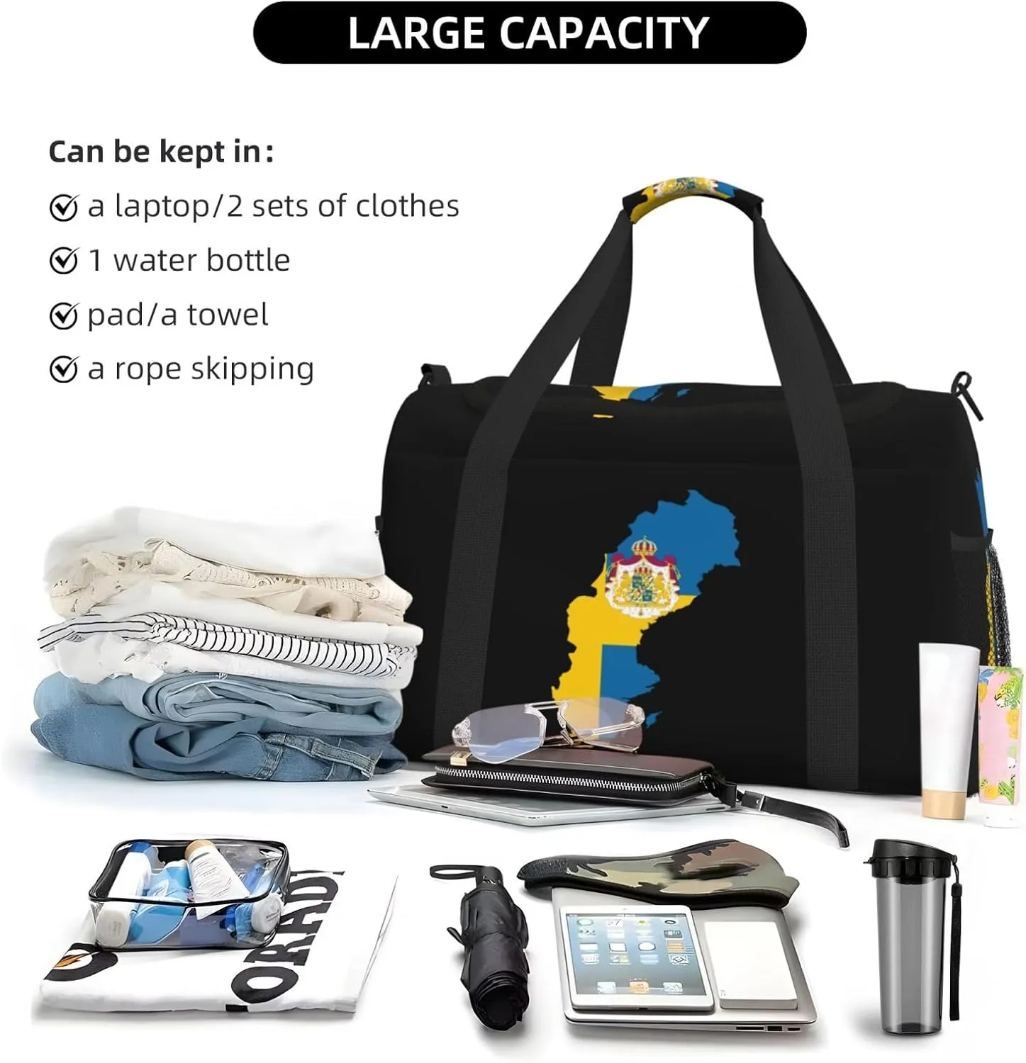 Flag Map Of Sweden Travel Duffel Bag Large Foldable Waterproof Overnight Bag For Beach Swim Bags Pool Sports Gym