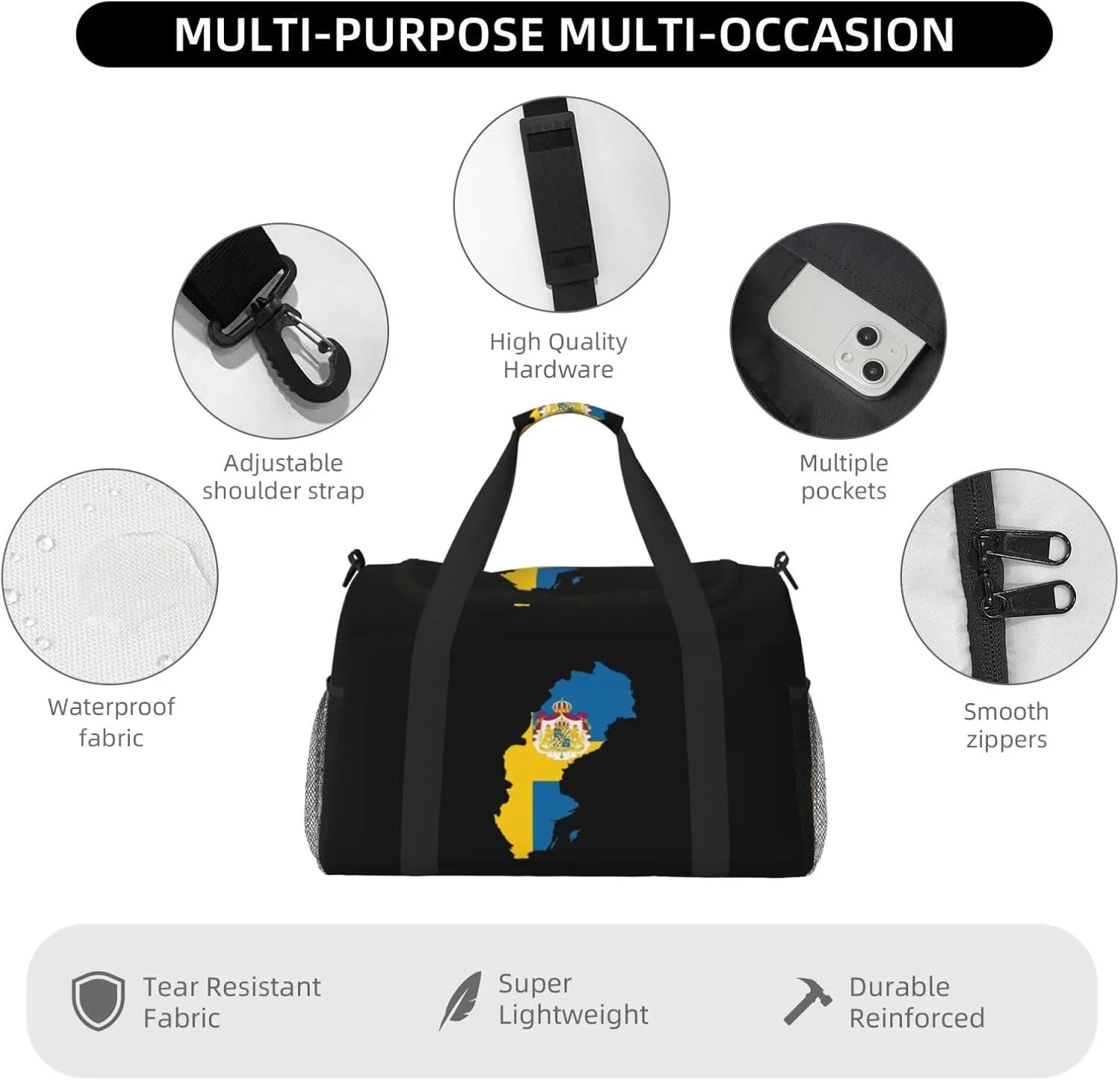 Flag Map Of Sweden Travel Duffel Bag Large Foldable Waterproof Overnight Bag For Beach Swim Bags Pool Sports Gym