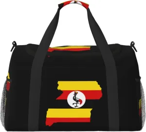 Flag Map Of Uganda Travel Duffel Bag Large Foldable Waterproof Overnight Bag For Beach Swim Bags Pool Sports Gym