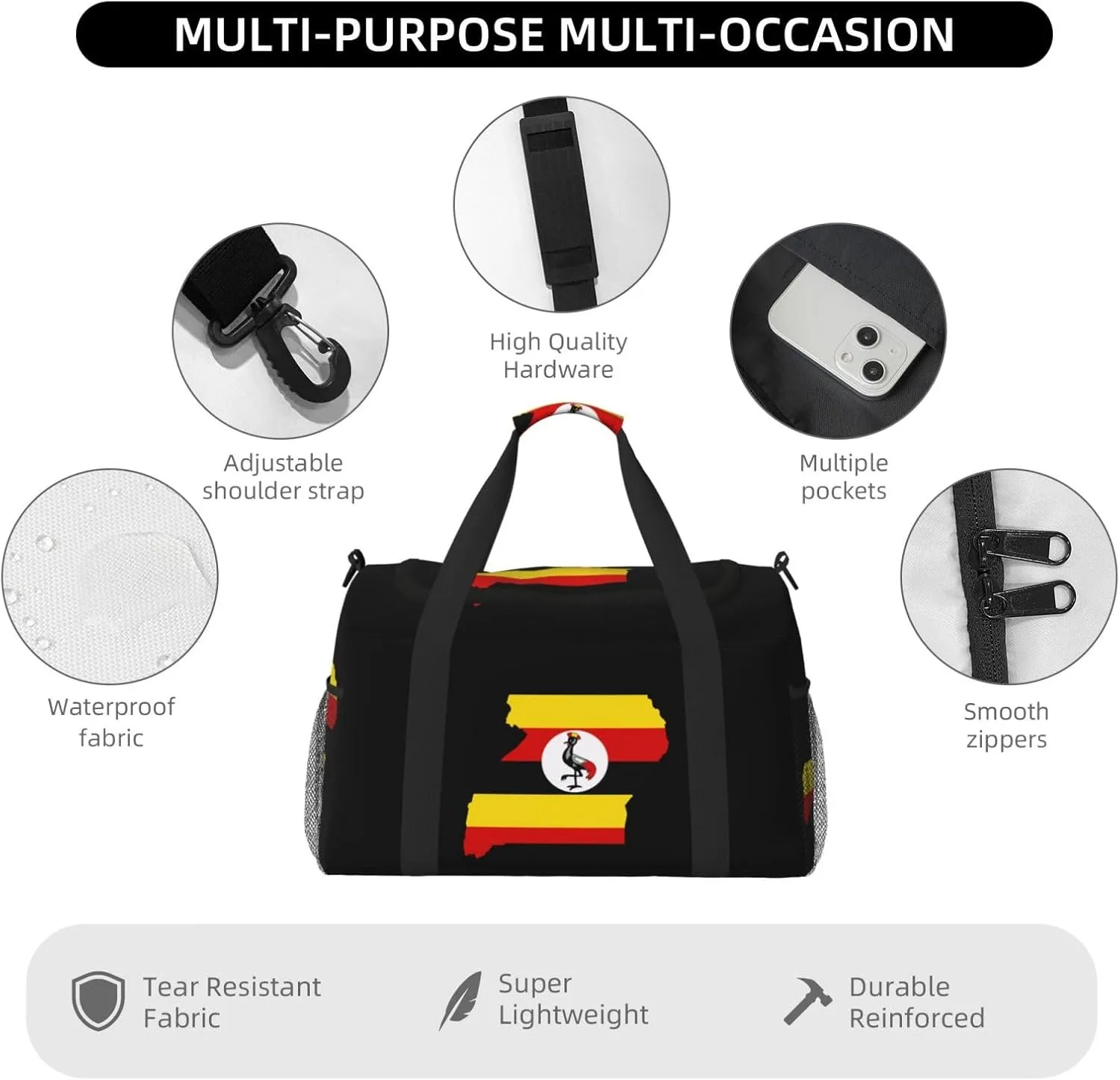 Flag Map Of Uganda Travel Duffel Bag Large Foldable Waterproof Overnight Bag For Beach Swim Bags Pool Sports Gym