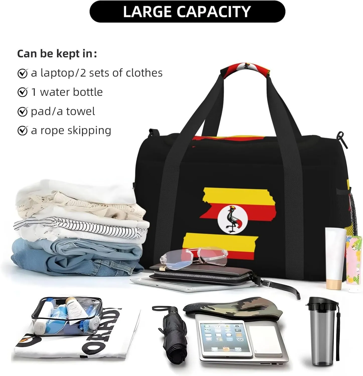 Flag Map Of Uganda Travel Duffel Bag Large Foldable Waterproof Overnight Bag For Beach Swim Bags Pool Sports Gym