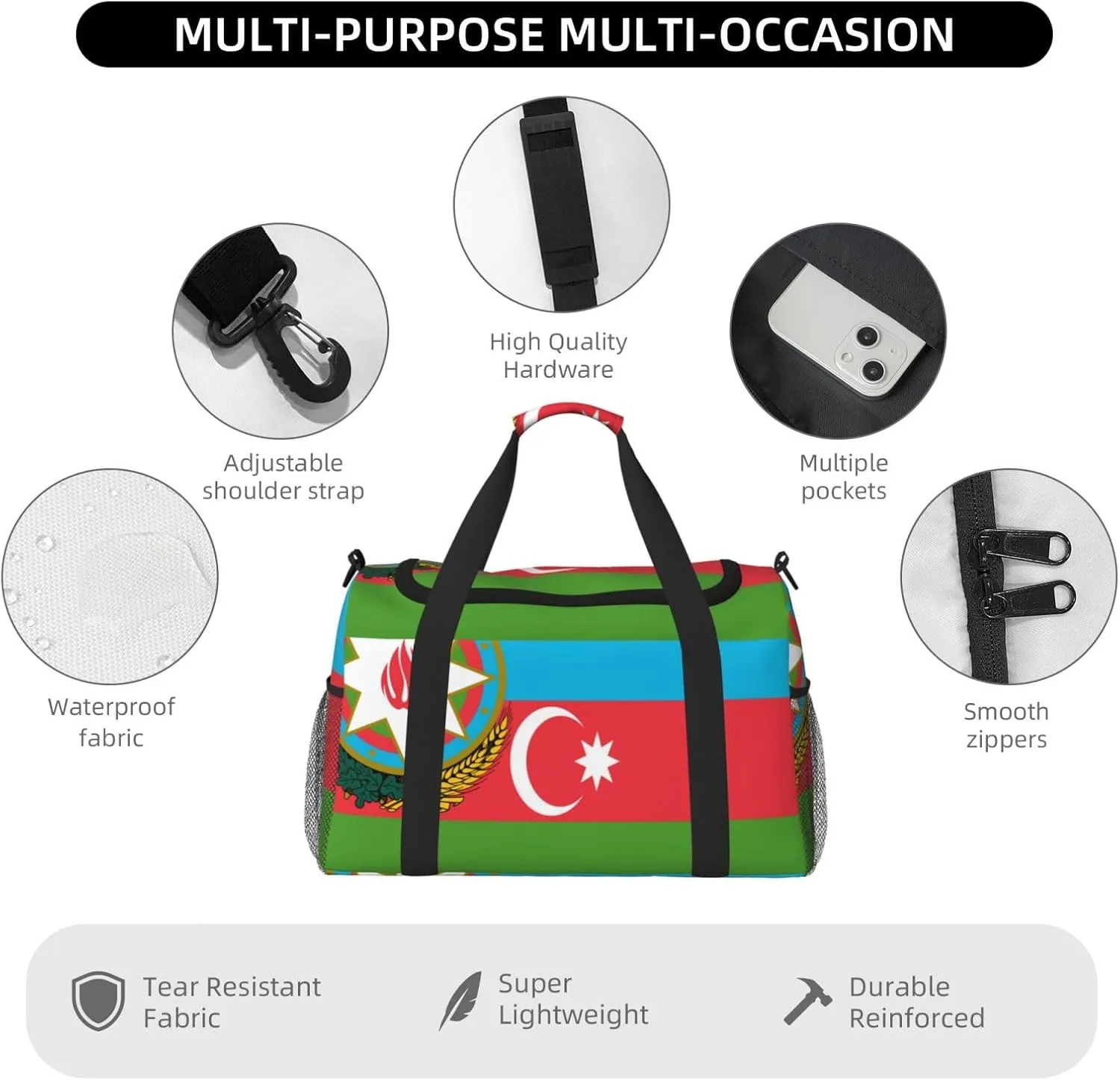 Flag Of Azerbaijan Travel Duffel Bag Large Foldable Waterproof Overnight Bag For Beach Swim Bags Pool Sports Gym