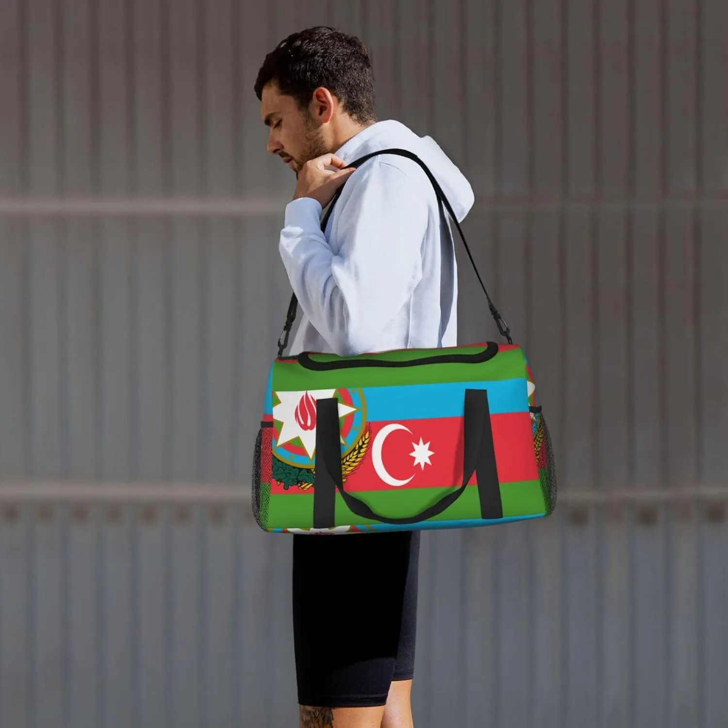 Flag Of Azerbaijan Travel Duffel Bag Large Foldable Waterproof Overnight Bag For Beach Swim Bags Pool Sports Gym