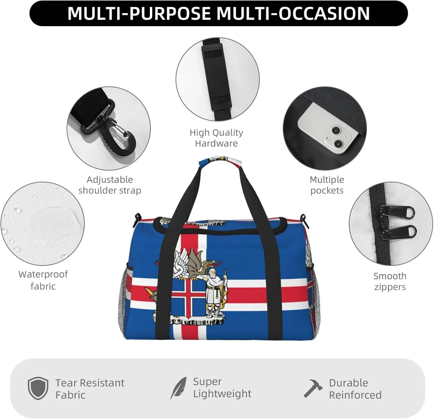 Flag Of Iceland Travel Duffel Bag Large Foldable Waterproof Overnight Bag For Beach Swim Bags Pool Sports Gym