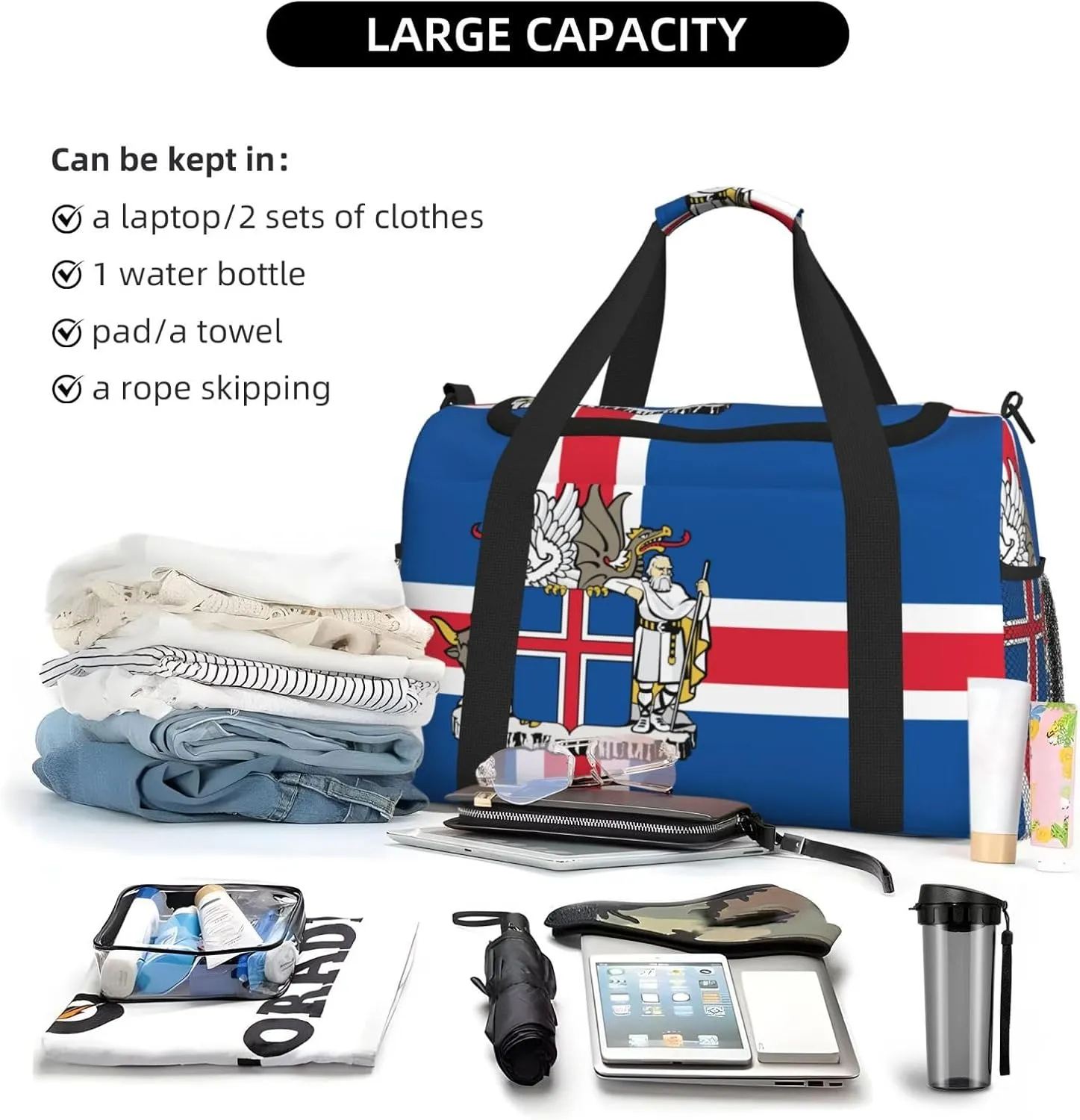 Flag Of Iceland Travel Duffel Bag Large Foldable Waterproof Overnight Bag For Beach Swim Bags Pool Sports Gym