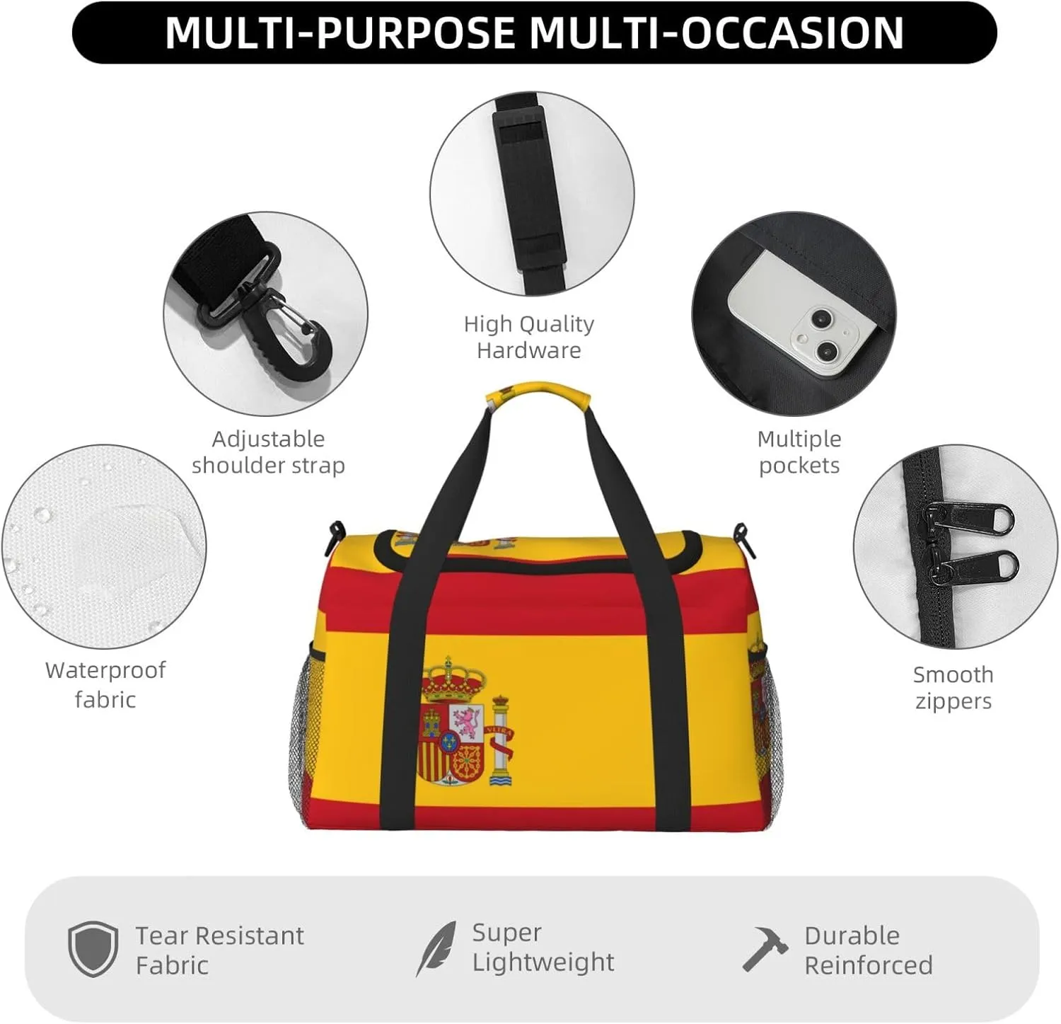 Flag Of Spain Travel Duffel Bag Large Foldable Waterproof Overnight Bag For Beach Swim Bags Pool Sports Gym