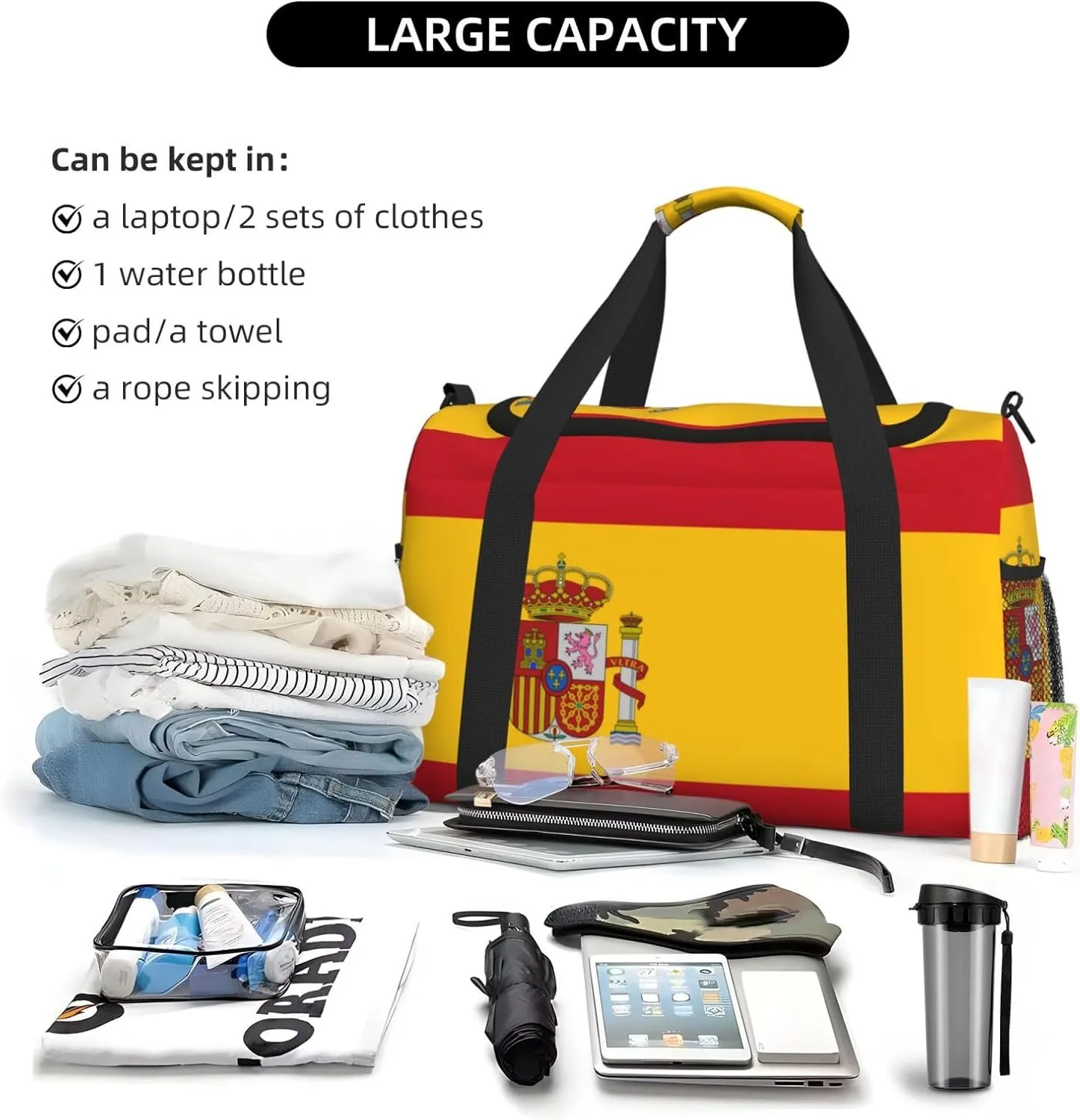 Flag Of Spain Travel Duffel Bag Large Foldable Waterproof Overnight Bag For Beach Swim Bags Pool Sports Gym