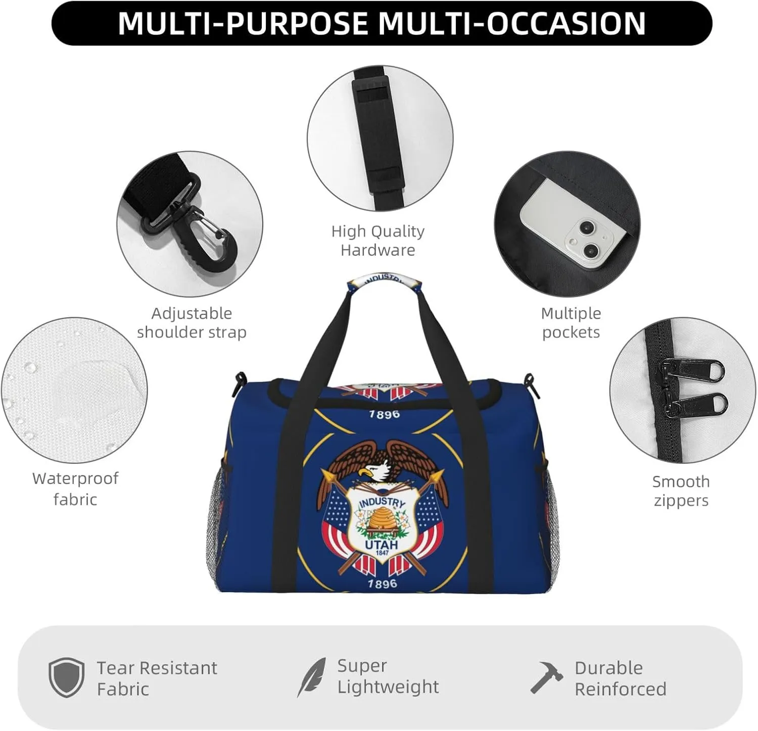 Flag Of Utah Travel Duffel Bag Large Foldable Waterproof Overnight Bag For Beach Swim Bags Pool Sports Gym