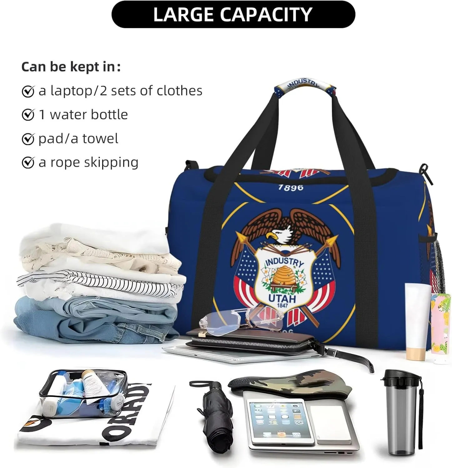 Flag Of Utah Travel Duffel Bag Large Foldable Waterproof Overnight Bag For Beach Swim Bags Pool Sports Gym