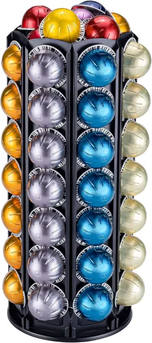 FlagShip Vertuo Pod Holder Carousel Stand for Nespresso Capsule Storage Organizer with Extra Space for Coffee Mate Silent Rolling (80  Pod Storage)