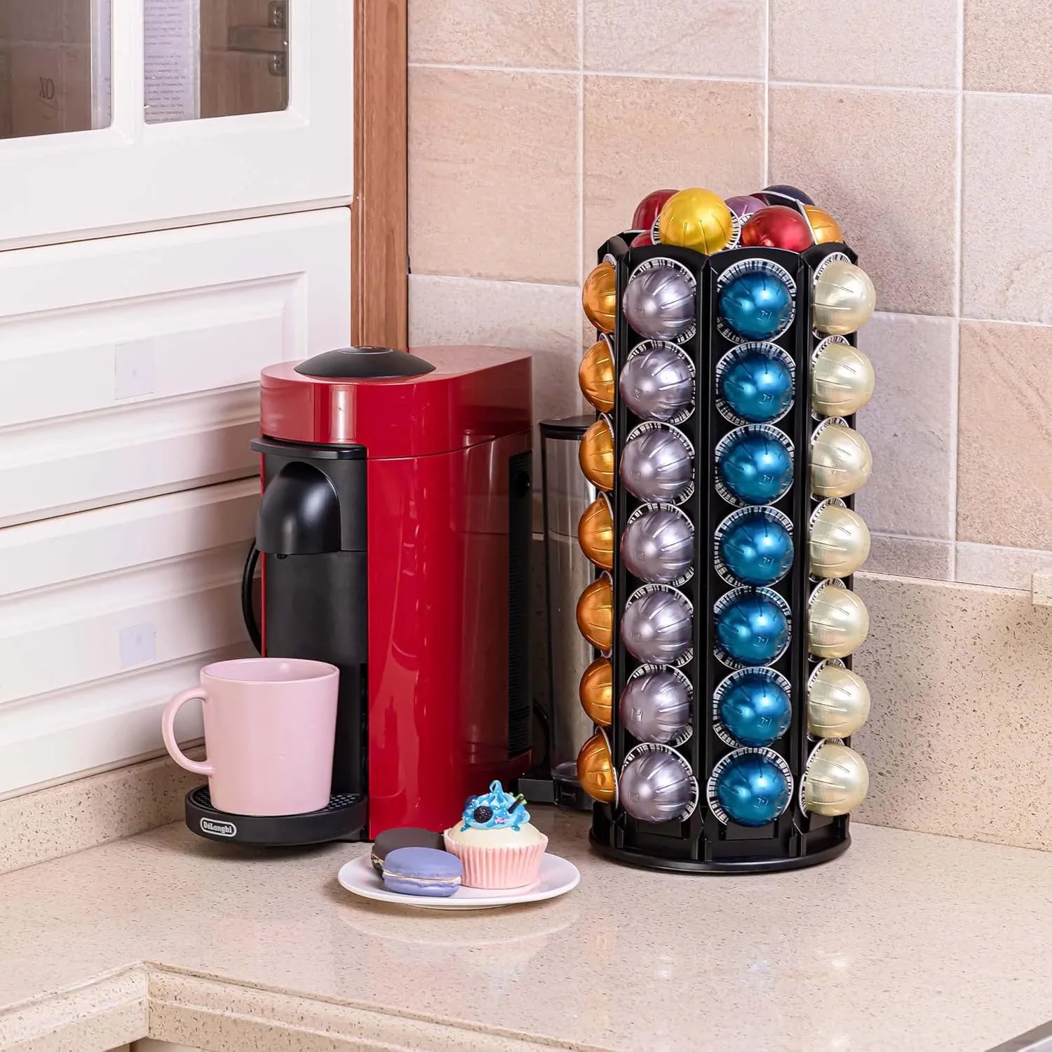 FlagShip Vertuo Pod Holder Carousel Stand for Nespresso Capsule Storage Organizer with Extra Space for Coffee Mate Silent Rolling (80  Pod Storage)