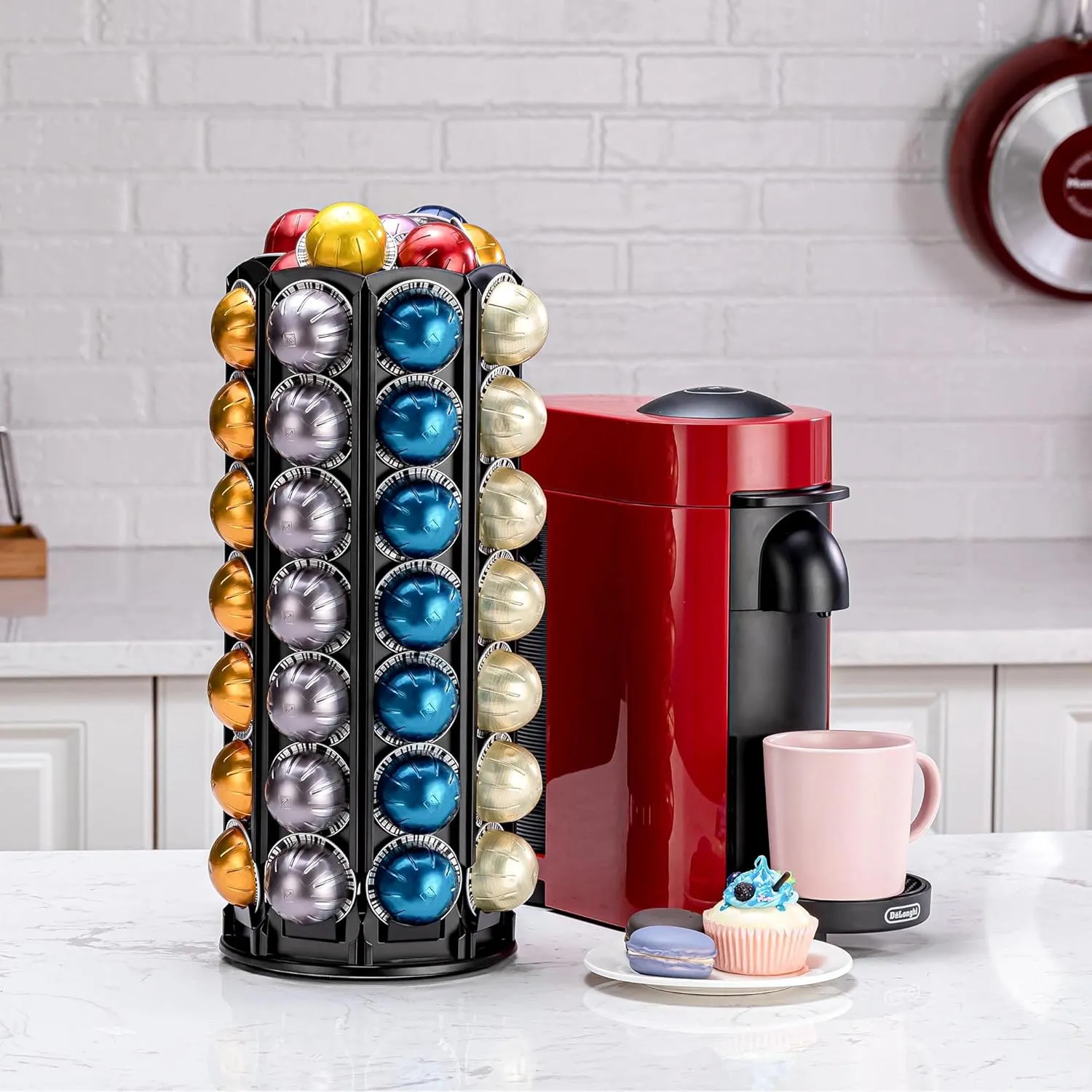 FlagShip Vertuo Pod Holder Carousel Stand for Nespresso Capsule Storage Organizer with Extra Space for Coffee Mate Silent Rolling (80  Pod Storage)