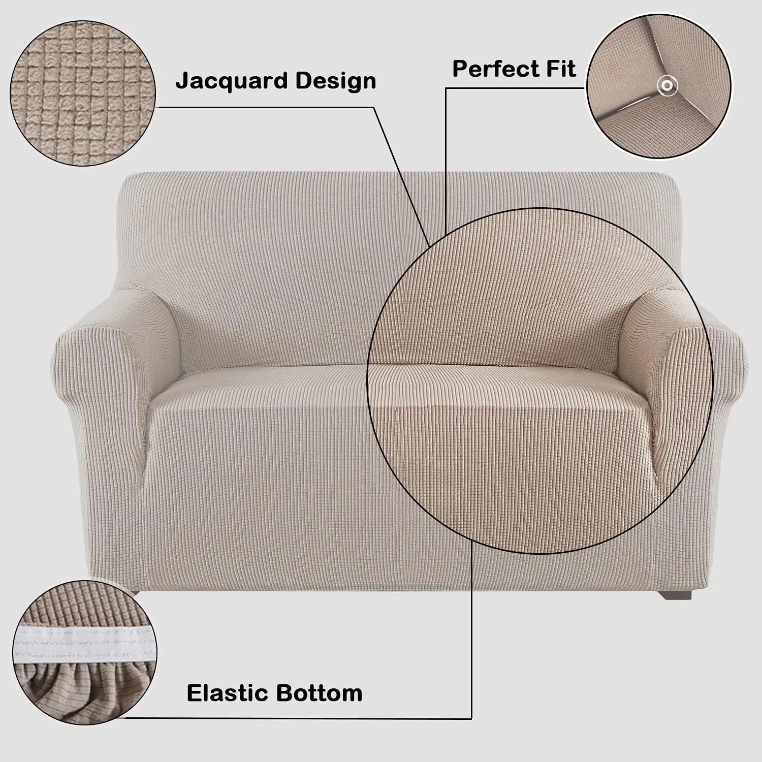 Flamingo P High Stretch Sofa Slipcover Non Slip Loveseat Covers for 2 Cushion Couch Washable Pet Furniture Protector Covers with Elastic Bottom, Thick Jacquard Fabric (Medium, Sand)