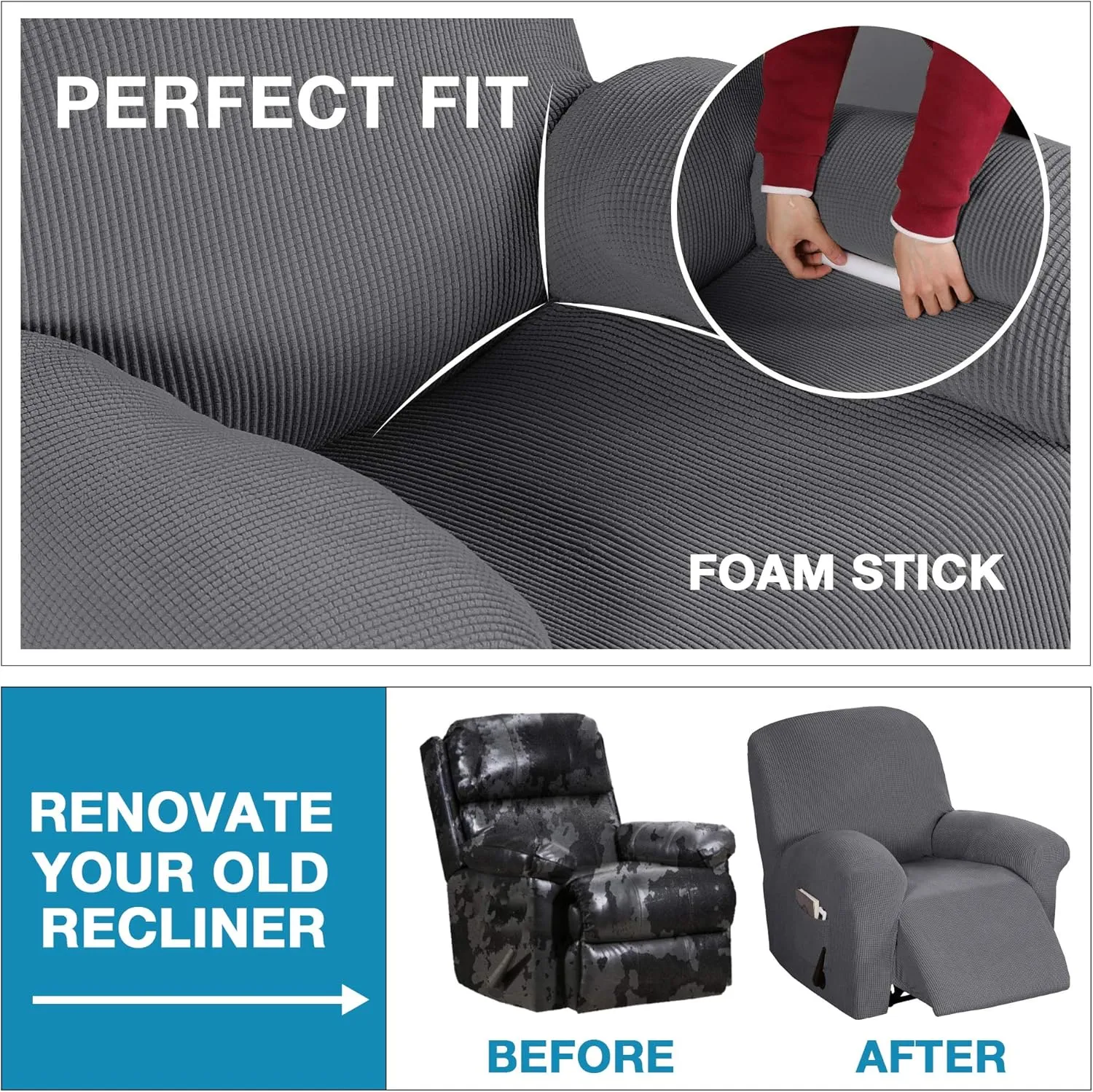 Flamingo P Stretch Recliner Chair Cover Recliner Cover for Electric/Manual Style | Furniture Cover for Reclining with Side Pocket, Soft Checked Jacquard Fabric Form Fitted Standard/Oversized - Grey