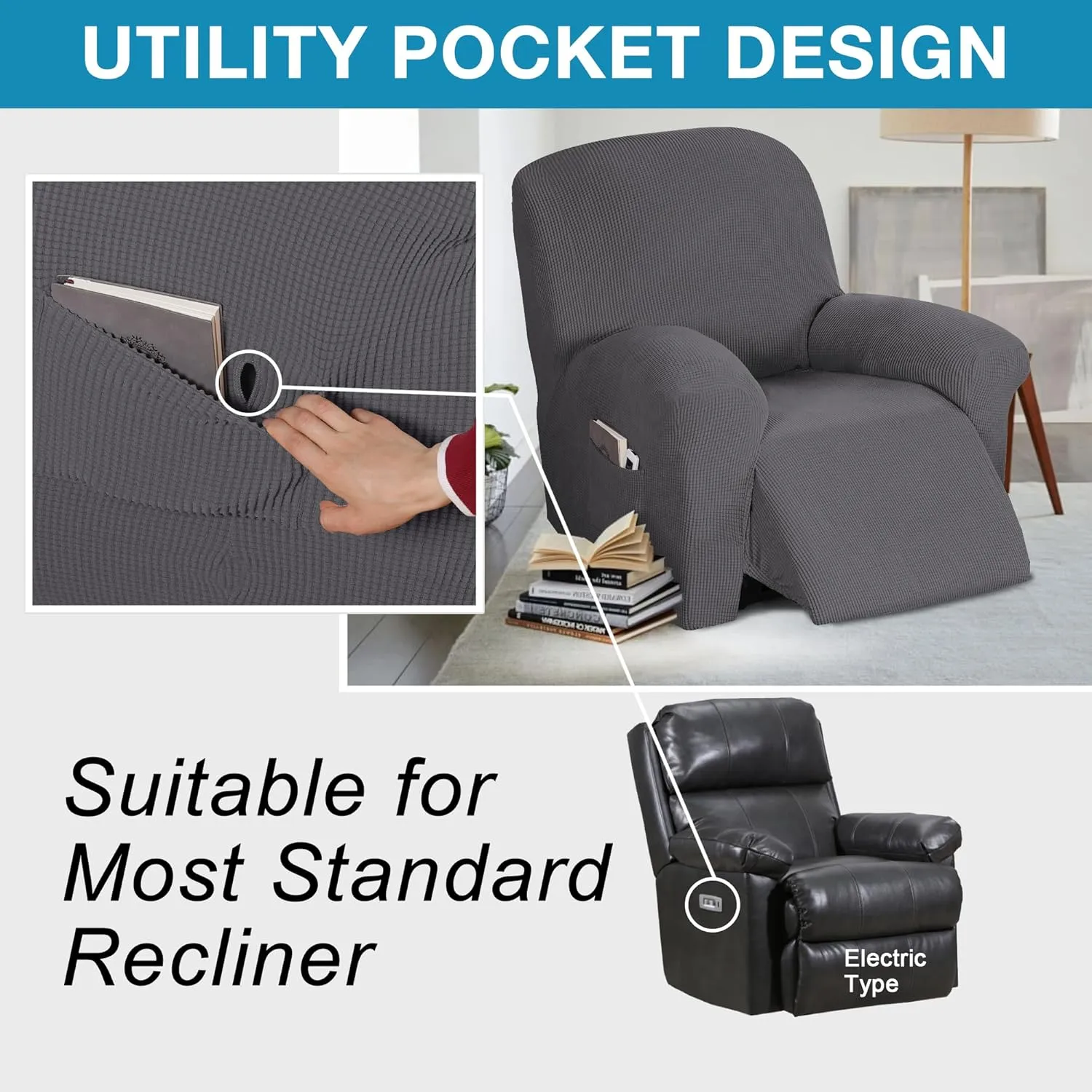 Flamingo P Stretch Recliner Chair Cover Recliner Cover for Electric/Manual Style | Furniture Cover for Reclining with Side Pocket, Soft Checked Jacquard Fabric Form Fitted Standard/Oversized - Grey