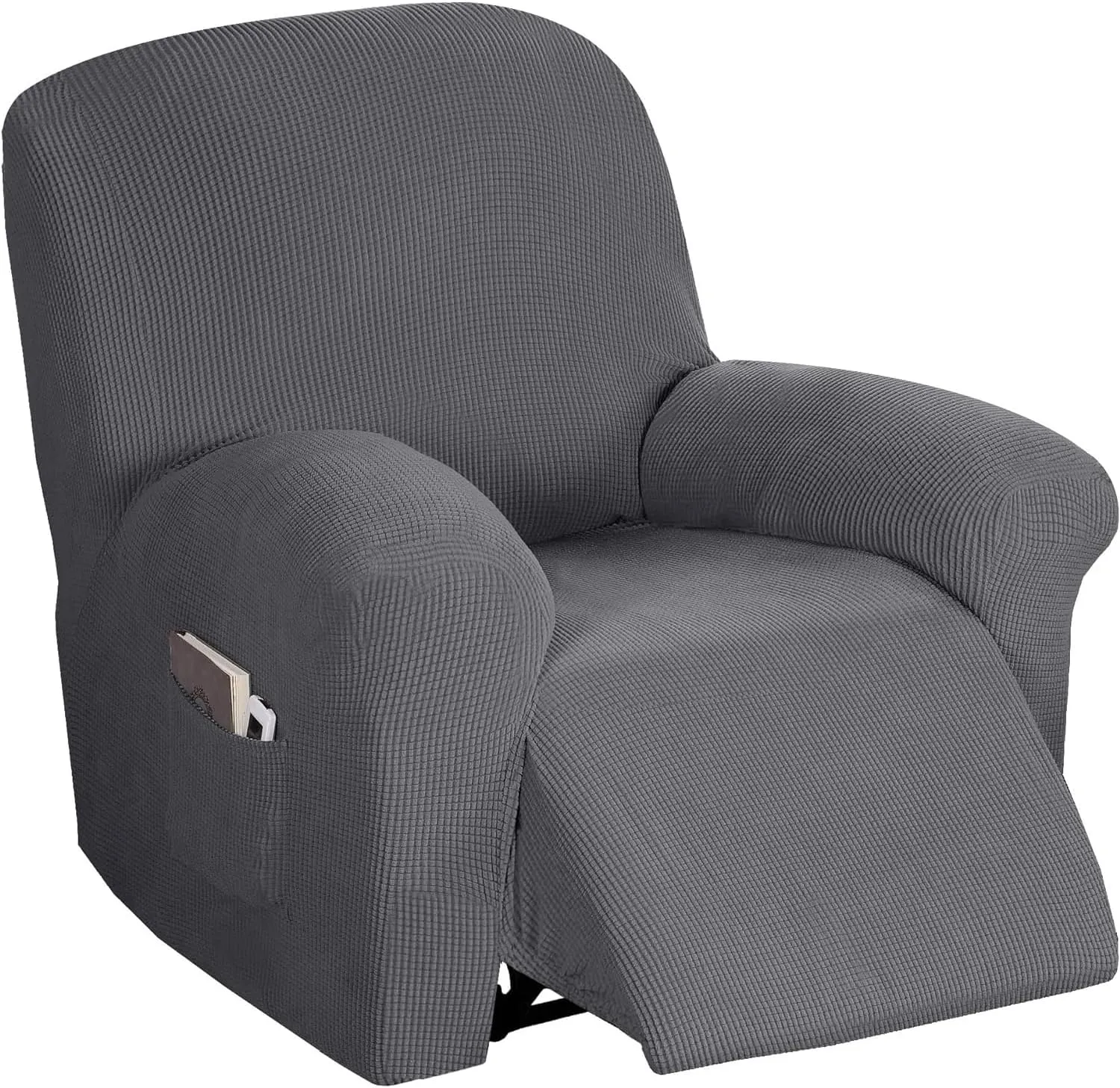 Flamingo P Stretch Recliner Chair Cover Recliner Cover for Electric/Manual Style | Furniture Cover for Reclining with Side Pocket, Soft Checked Jacquard Fabric Form Fitted Standard/Oversized - Grey