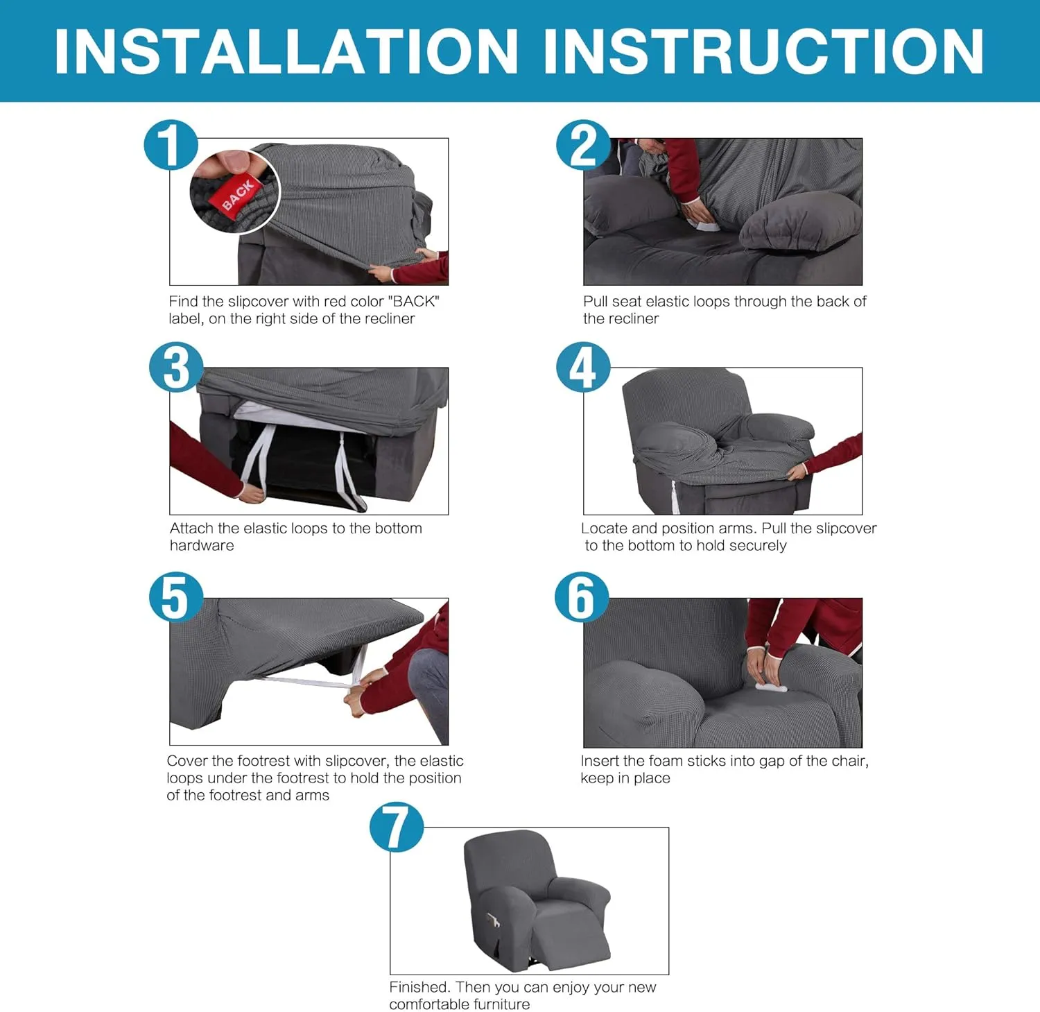 Flamingo P Stretch Recliner Chair Cover Recliner Cover for Electric/Manual Style | Furniture Cover for Reclining with Side Pocket, Soft Checked Jacquard Fabric Form Fitted Standard/Oversized - Grey