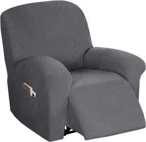 Flamingo P Stretch Recliner Chair Cover Recliner Cover for Electric/Manual Style | Furniture Cover for Reclining with Side Pocket, Soft Checked Jacquard Fabric Form Fitted Standard/Oversized - Grey