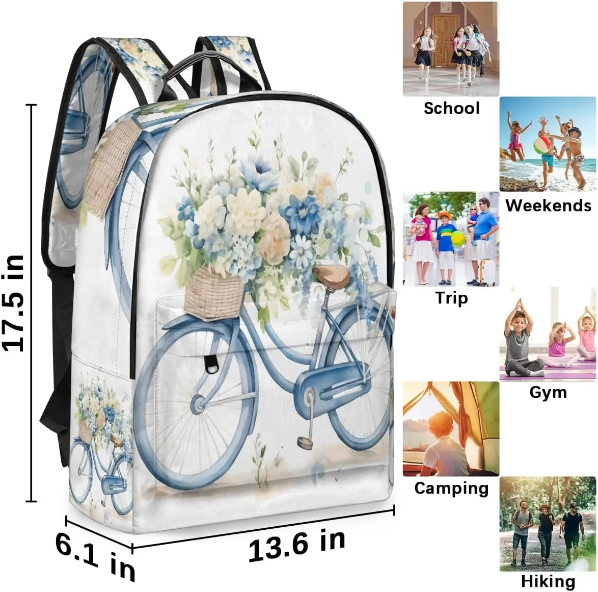 Floral Bike Backpack for Women Men Lightweight Laptop Backpack Carry on Backpacks Casual Shoulder Bag with Adjustable Shoulder Strap for Travel Gym Work
