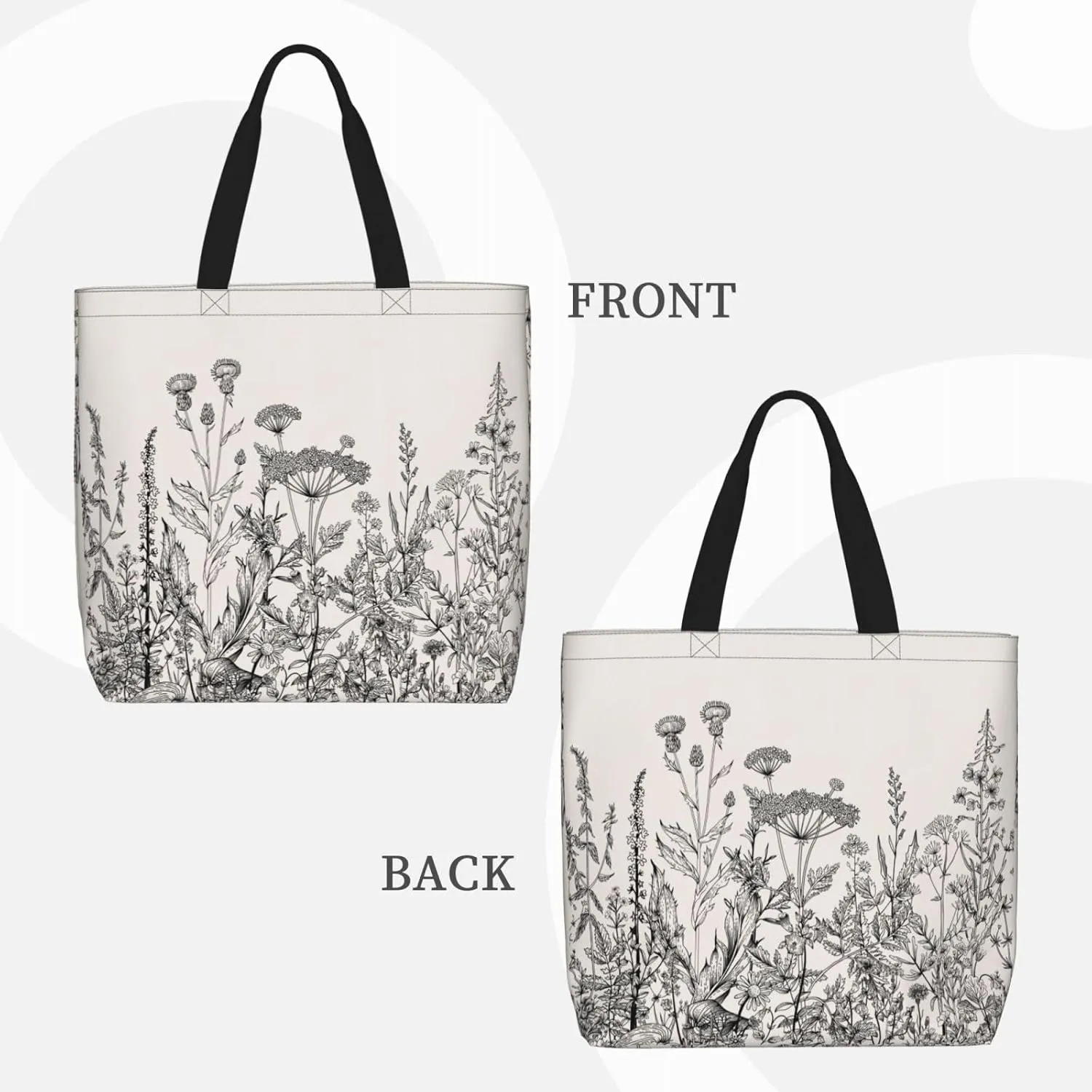 Floral Herbs Botanical Engraving Duty Reusable Shopping One-Shoulder Bags – Large Tote Bags Are Foldable