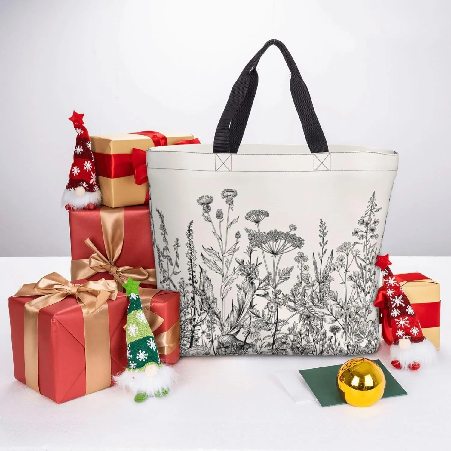 Floral Herbs Botanical Engraving Duty Reusable Shopping One-Shoulder Bags – Large Tote Bags Are Foldable