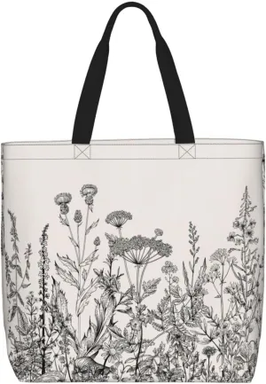 Floral Herbs Botanical Engraving Duty Reusable Shopping One-Shoulder Bags – Large Tote Bags Are Foldable