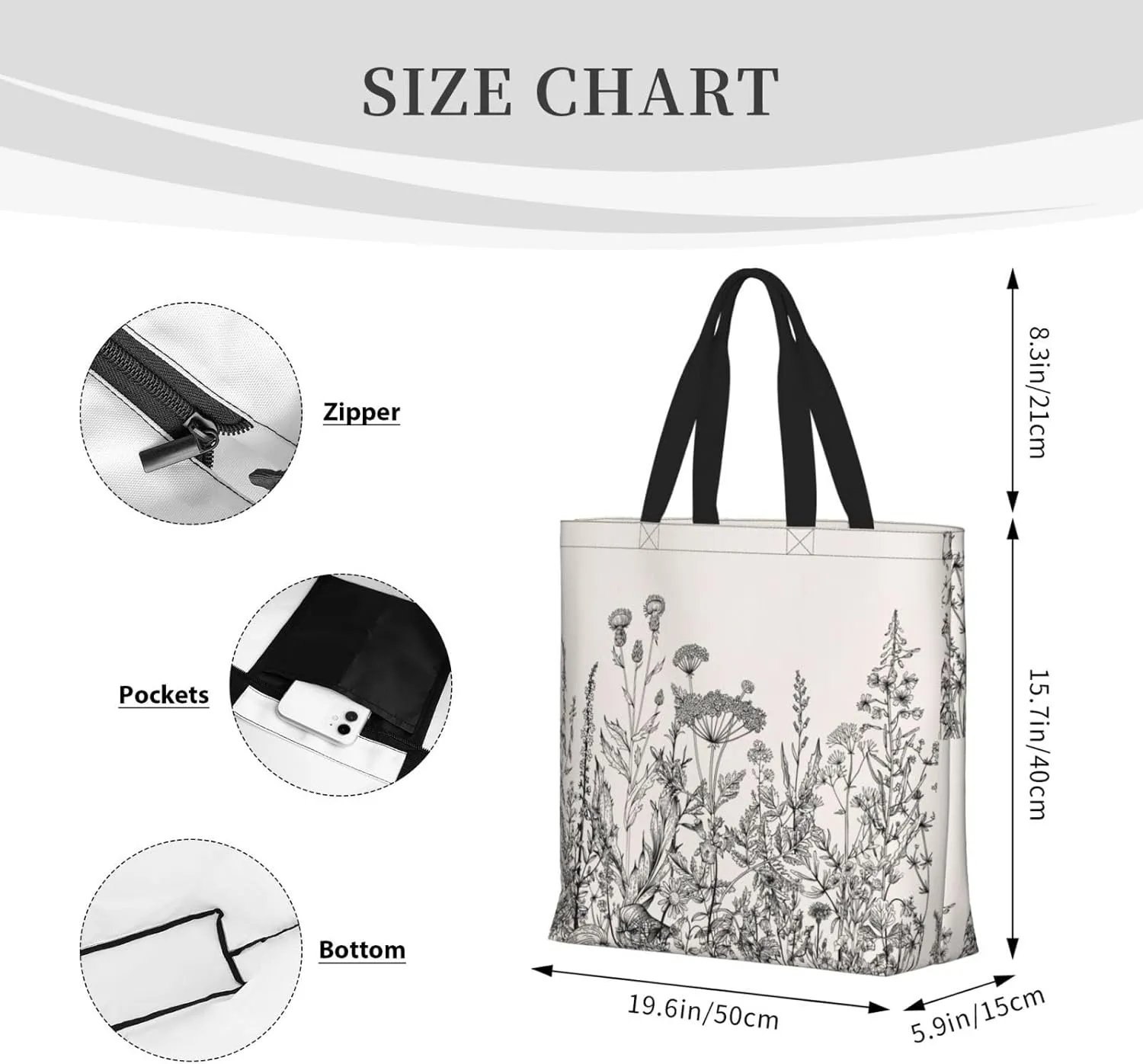 Floral Herbs Botanical Engraving Duty Reusable Shopping One-Shoulder Bags – Large Tote Bags Are Foldable