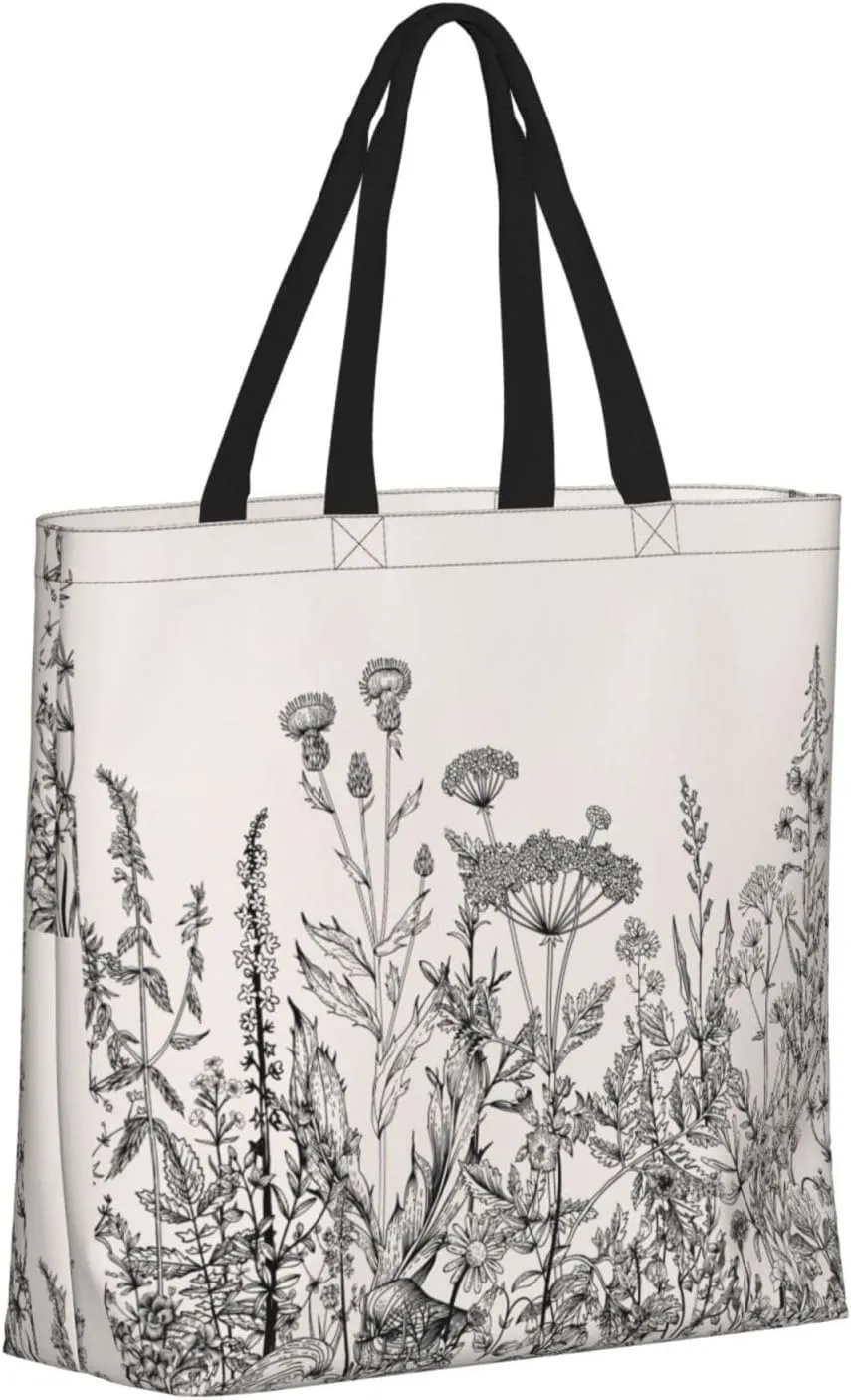 Floral Herbs Botanical Engraving Duty Reusable Shopping One-Shoulder Bags – Large Tote Bags Are Foldable