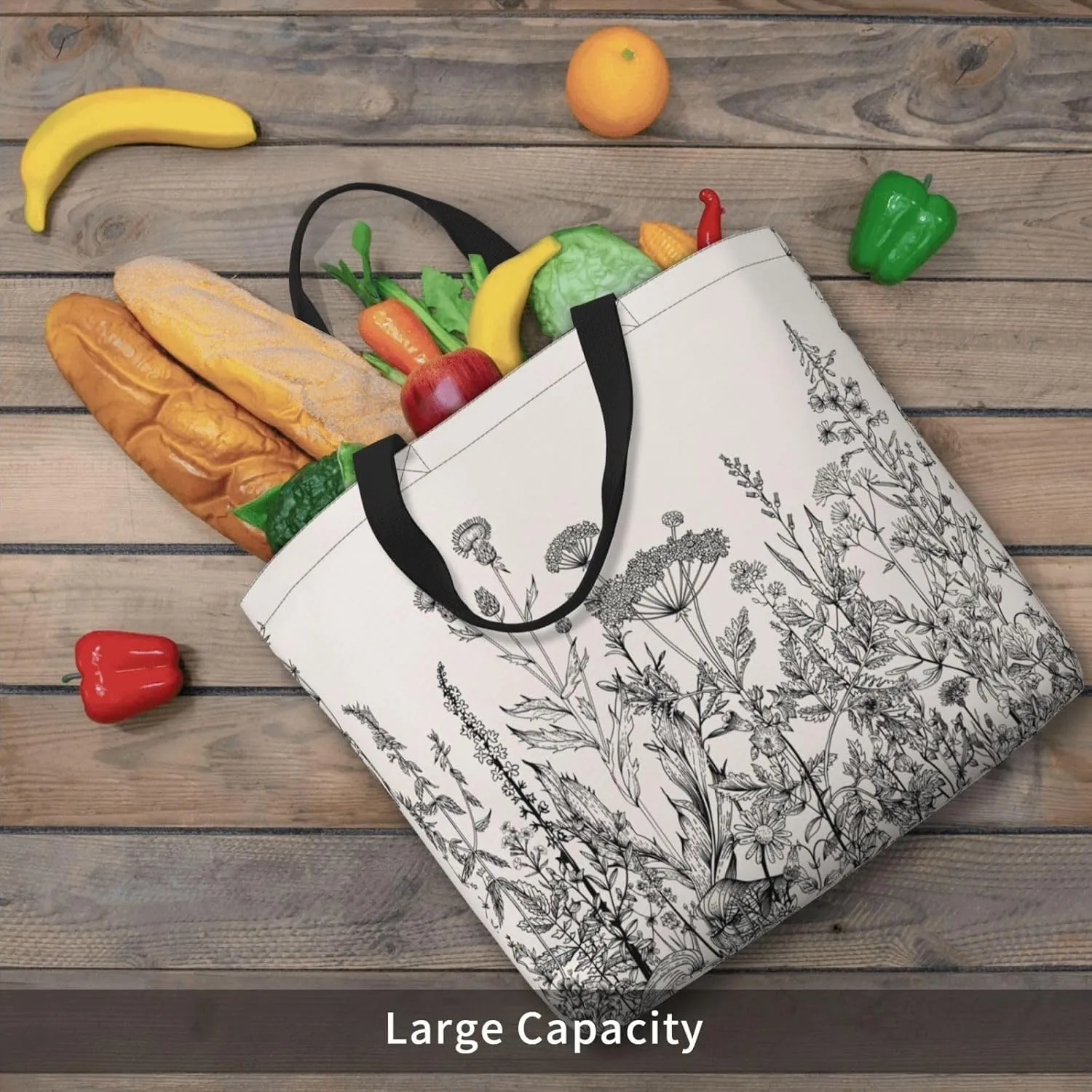 Floral Herbs Botanical Engraving Duty Reusable Shopping One-Shoulder Bags – Large Tote Bags Are Foldable