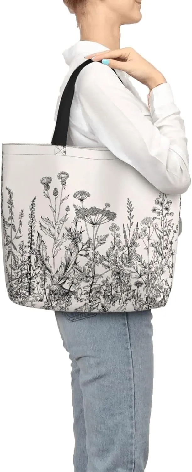 Floral Herbs Botanical Engraving Duty Reusable Shopping One-Shoulder Bags – Large Tote Bags Are Foldable