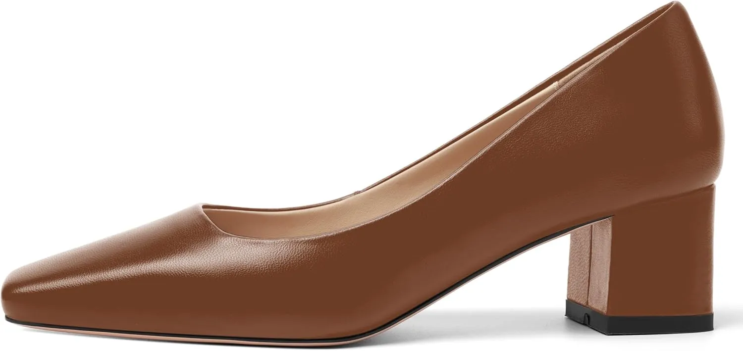 FOGEENA Womens Solid Party Square Toe Slip On Casual Matte Leather Chunky Low Heel Pumps Shoes 2.2 Inch